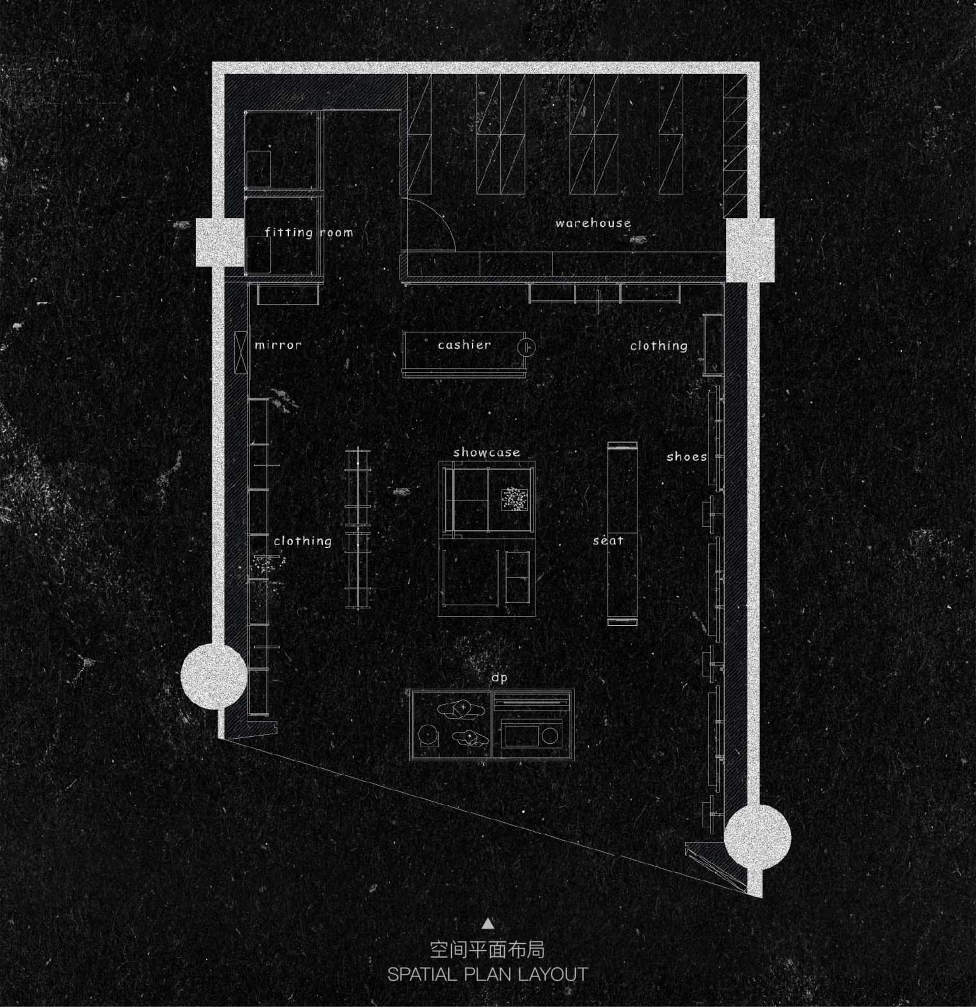一張展示家具店的2D建築圖,內有鋼製櫃體、倉儲貨架,以及工業風家具。