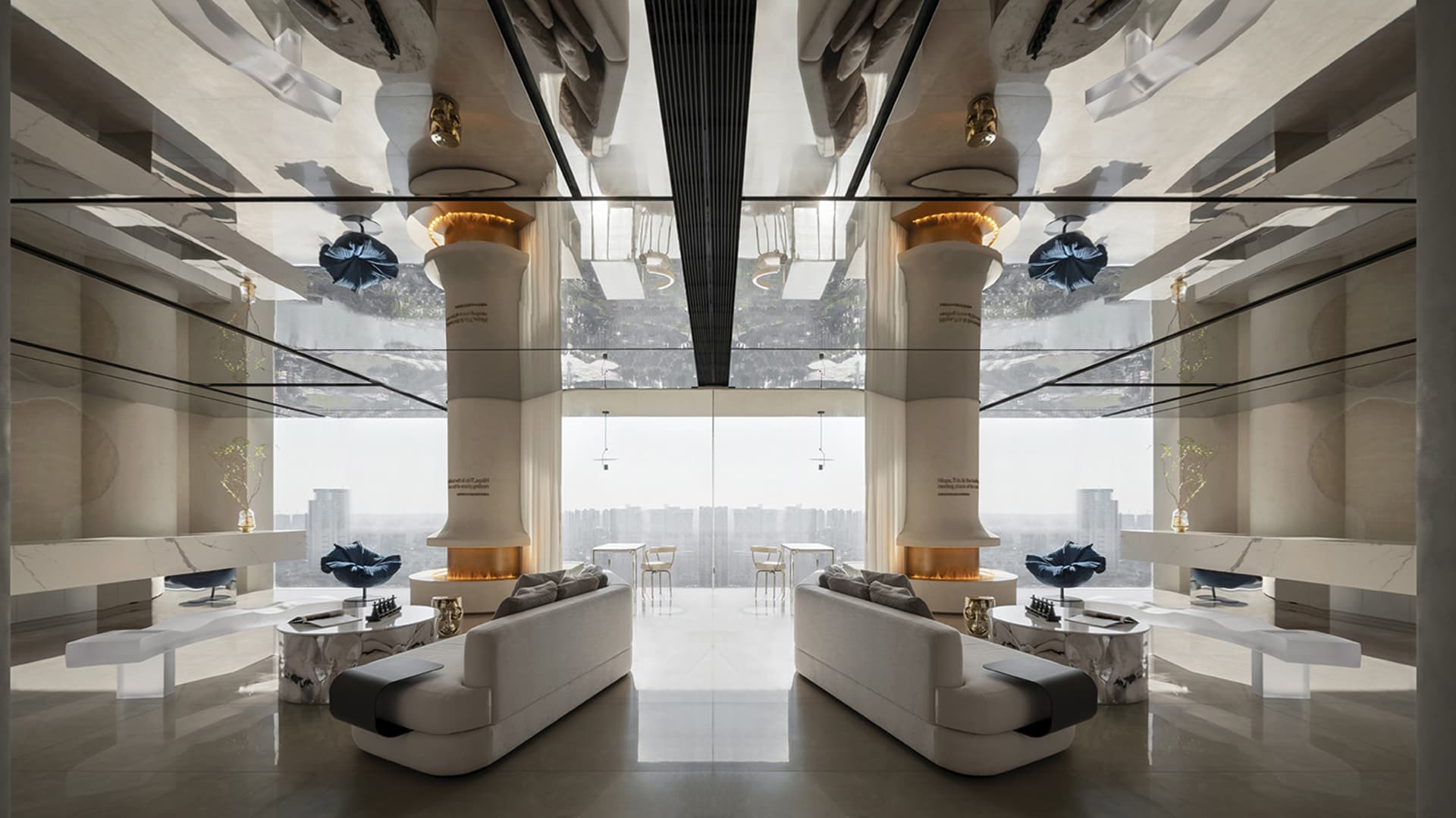 Modern lobby area with glass and marble elements