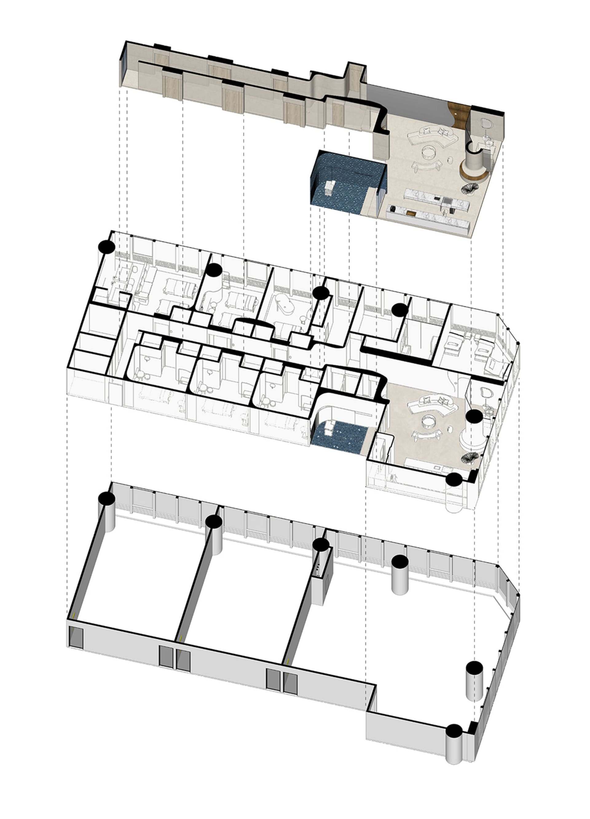 Concrete floor plan with multiple rooms and spaces