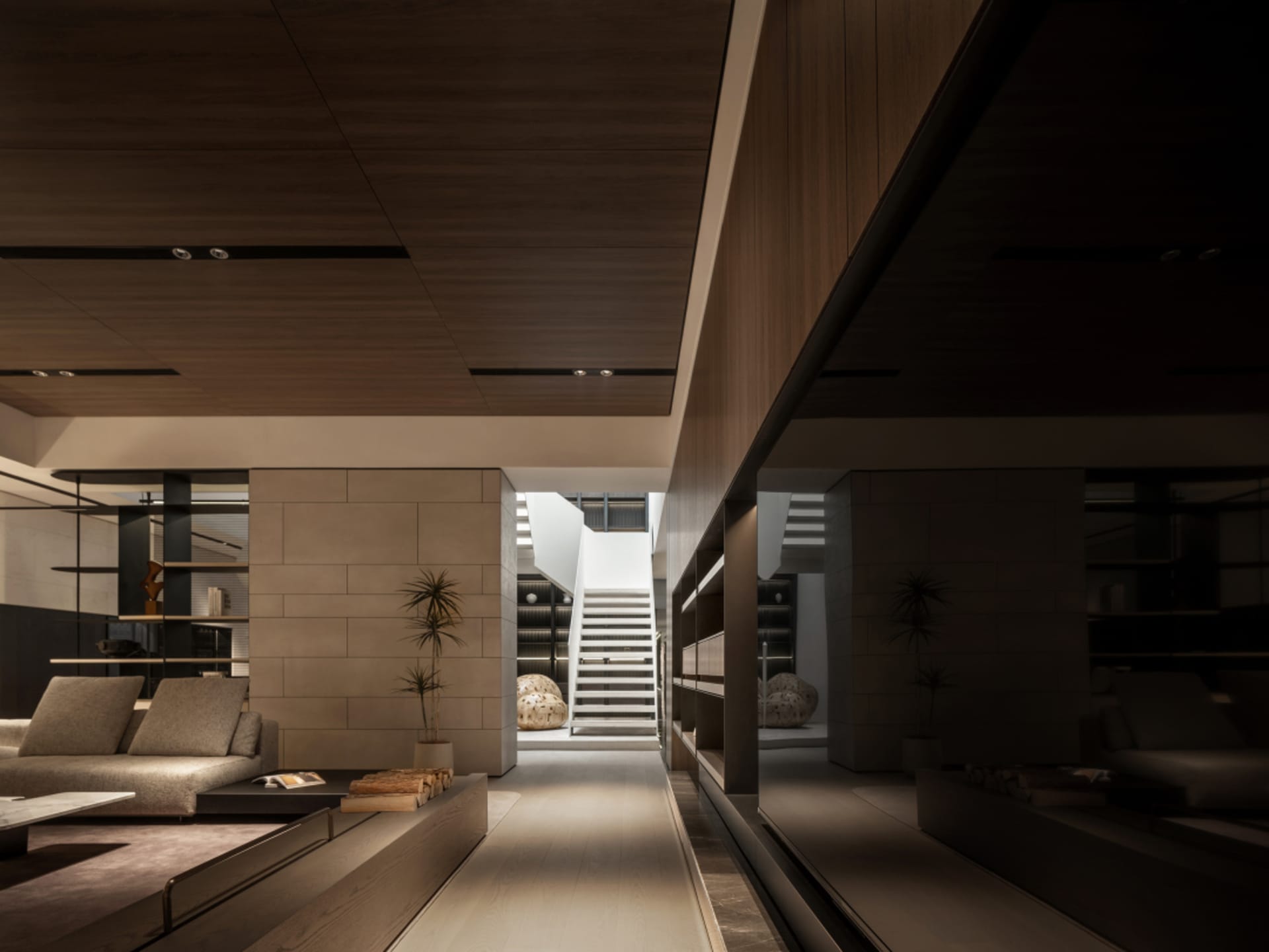 Modern living room with wooden walls and a minimalist design