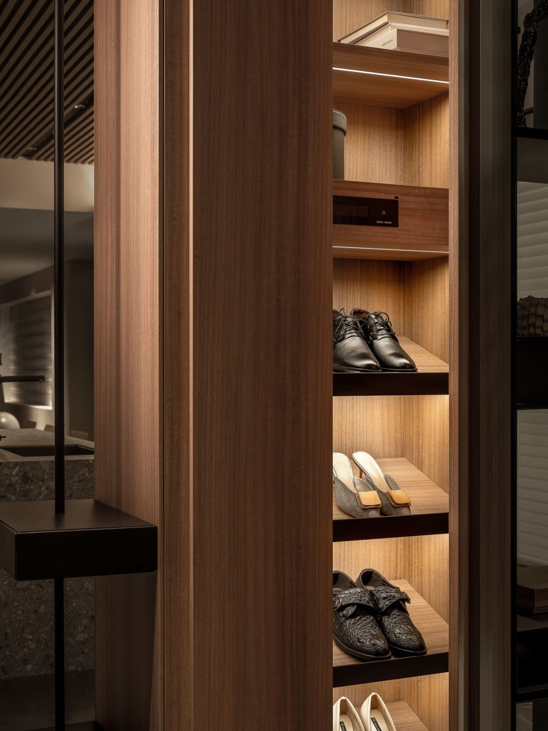 Well-organized closet shelves with shoes and other items.