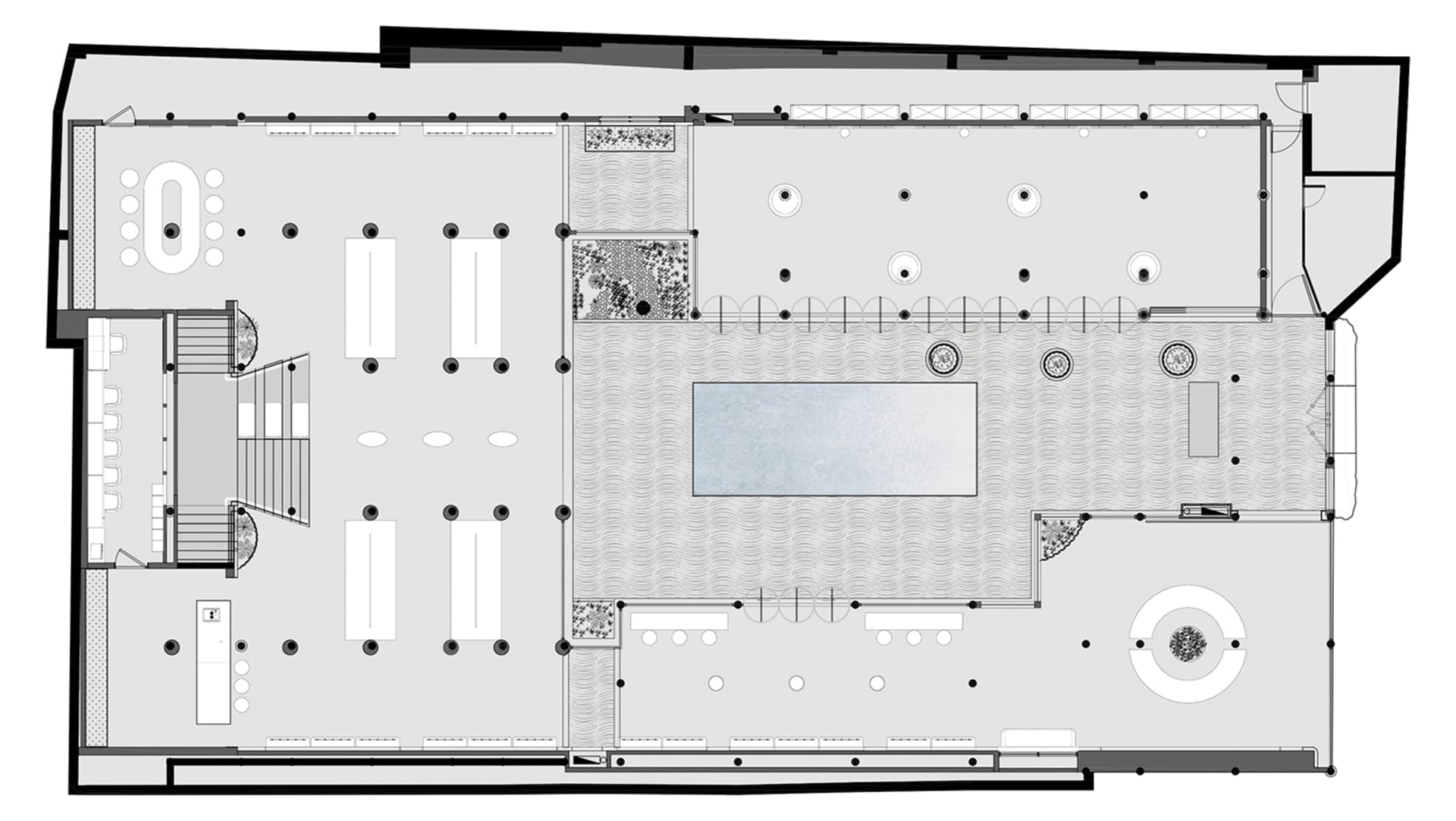 Detailed architectural floor plan of a modern library featuring concrete flooring, glass walls, and a spacious carpeted area.