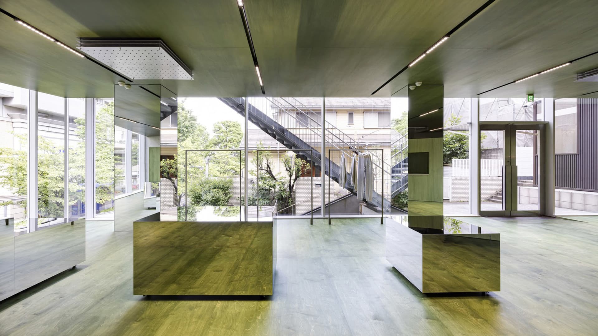 An image showcasing modern interior design with metallic mirrors.