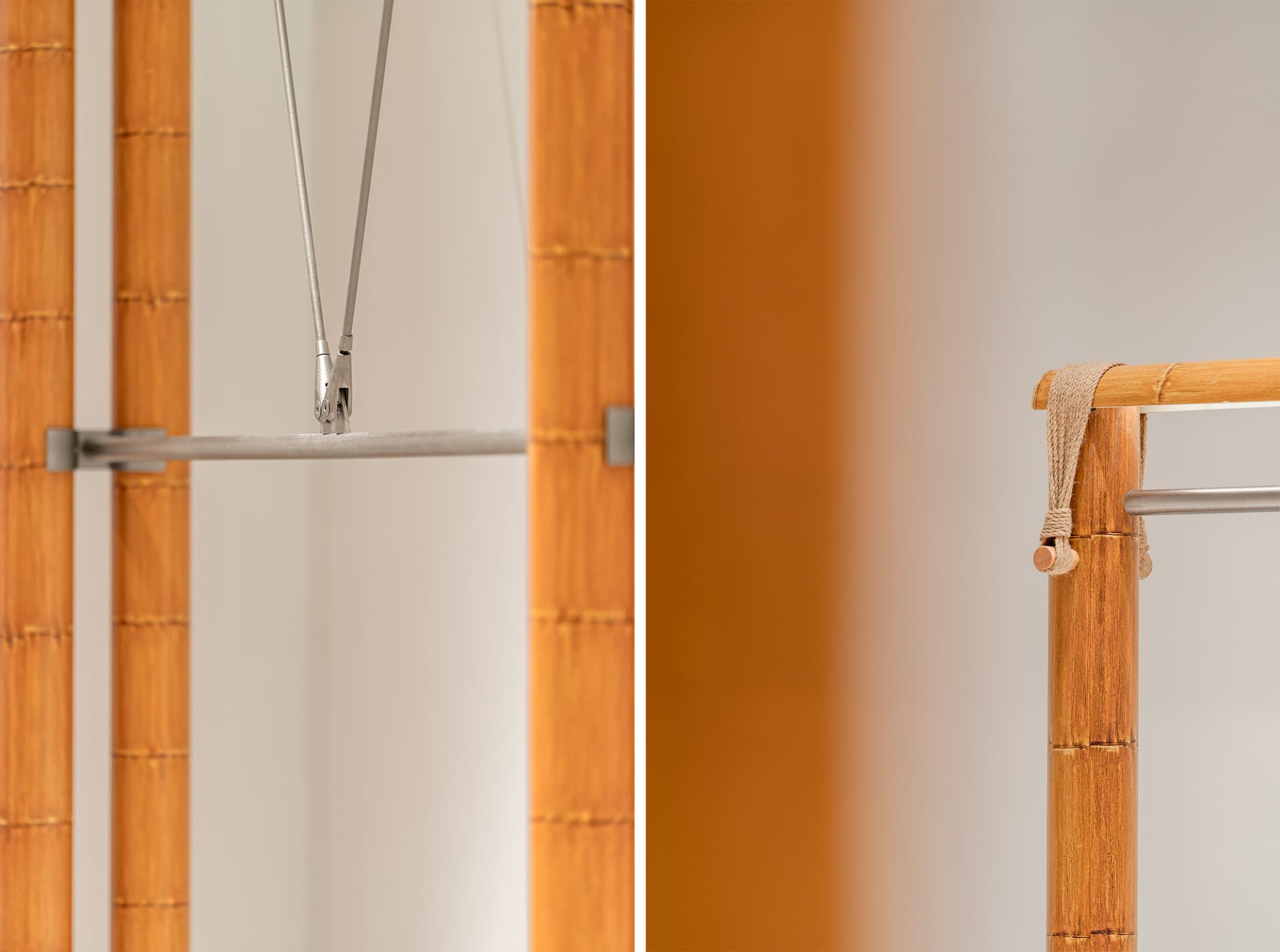 Close-up of a bamboo furniture hanger with metal components