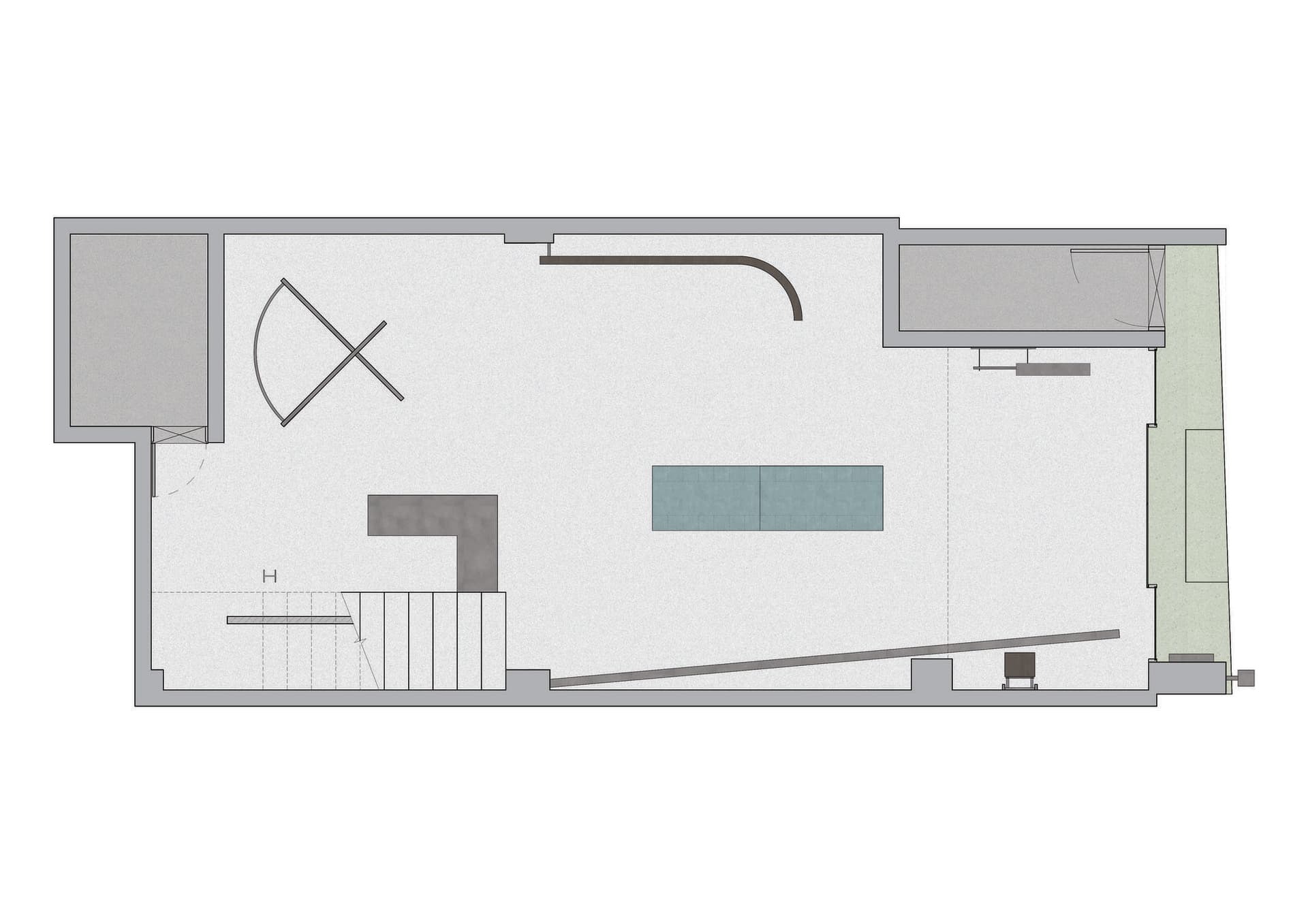 A modern architectural floor plan of a living space with a minimalistic design including a central living area, kitchen, and