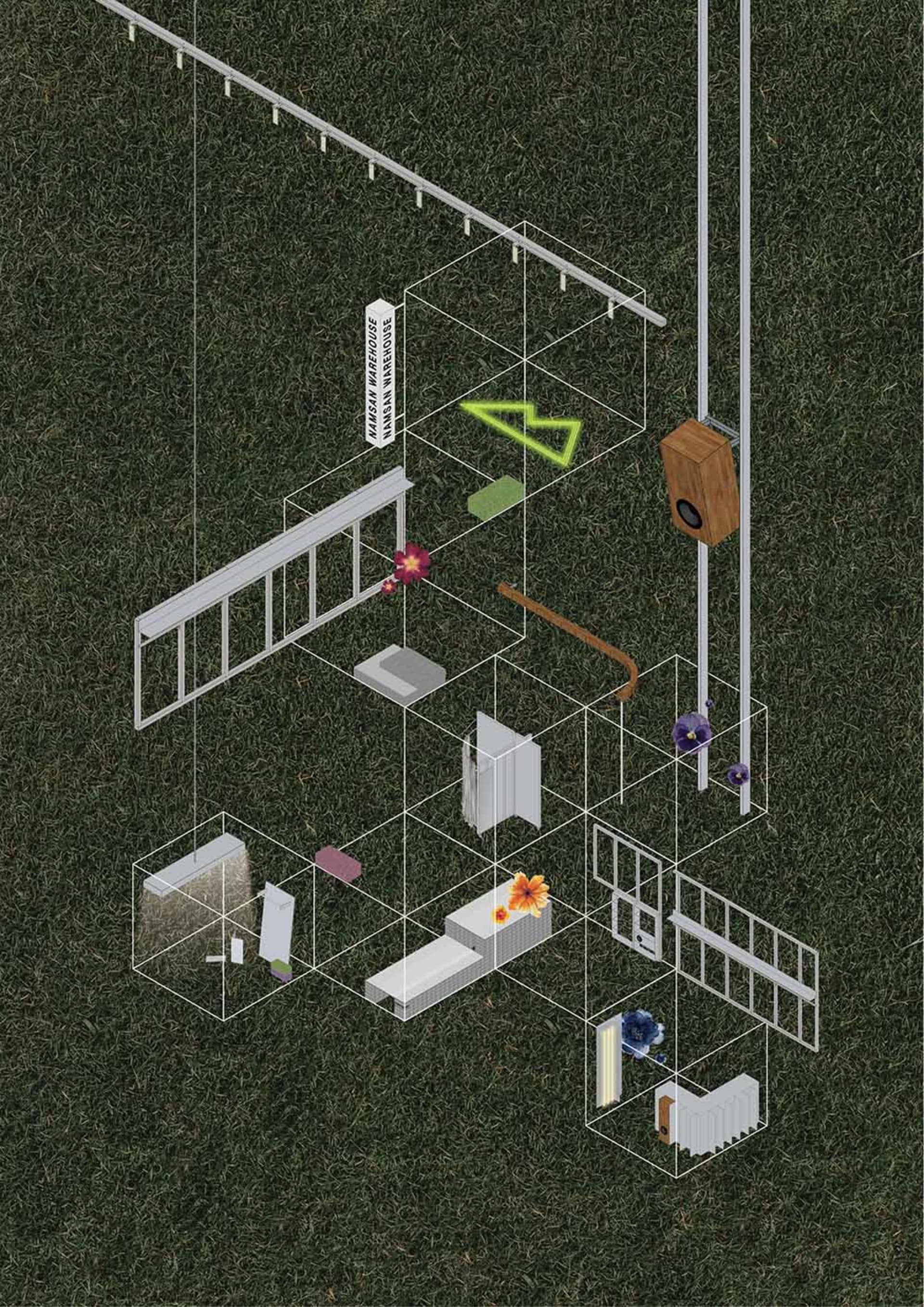 An architectural floor plan showcasing a modern warehouse with glass walls and metal railings.