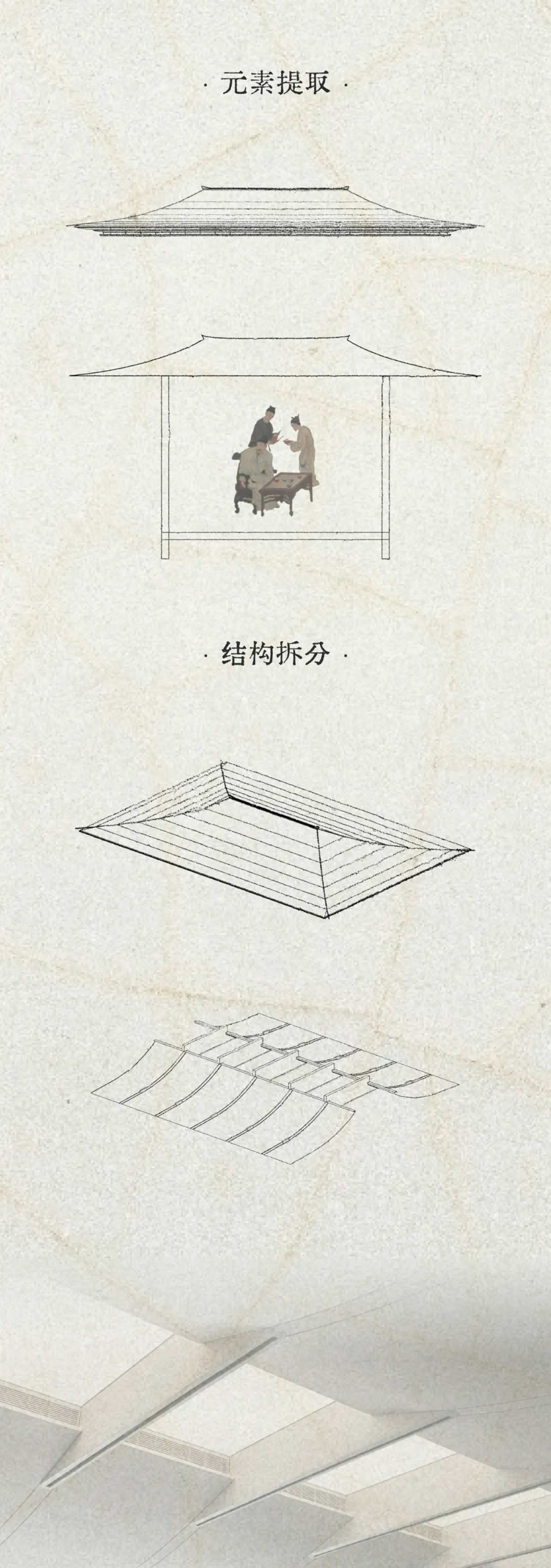 傳統建築空間設計圖紙,展示人們坐在遮棚下