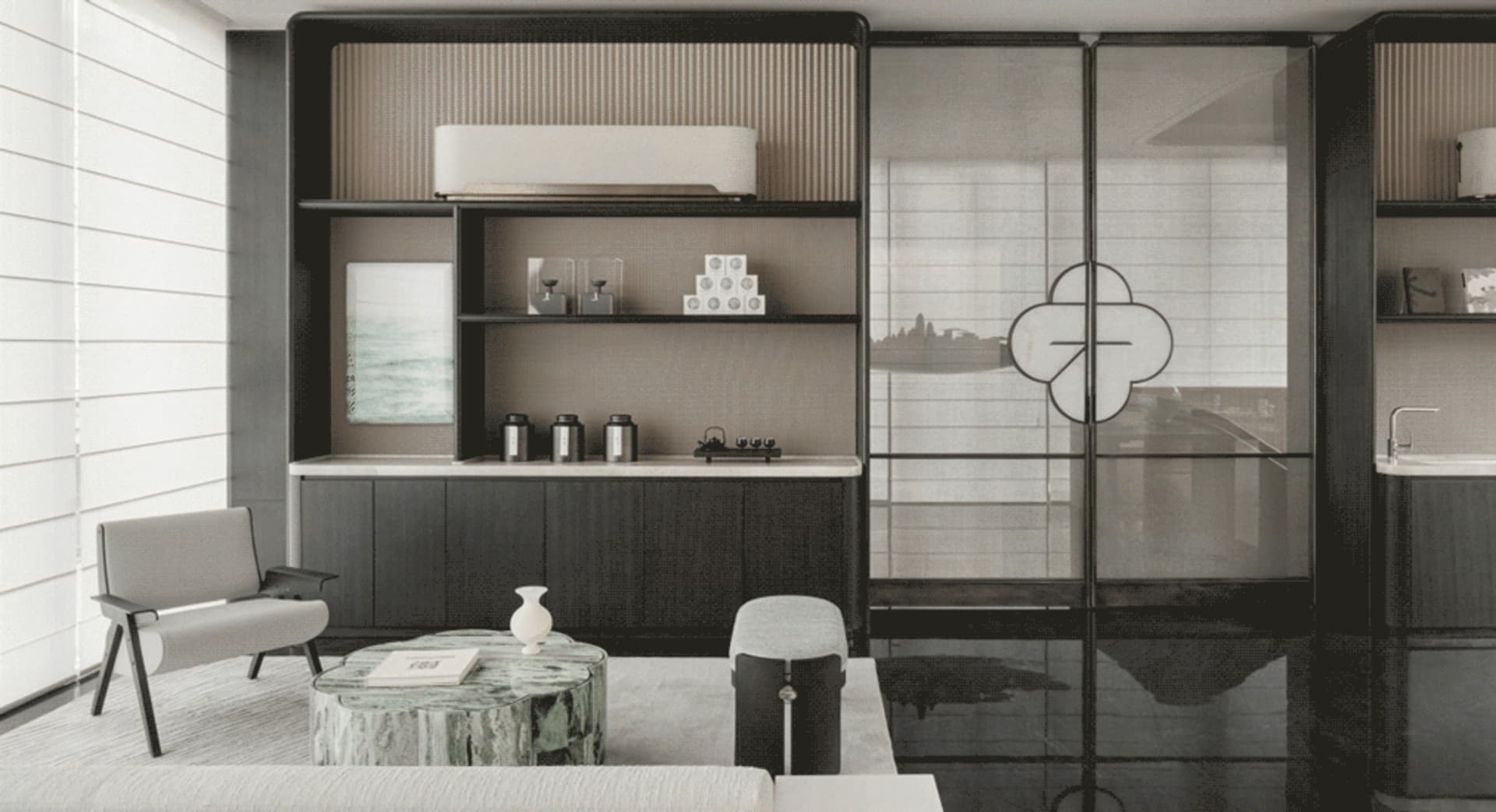 A minimalist living room with metallic furniture and shelves, featuring a modern sofa, table, and minimalist decor.