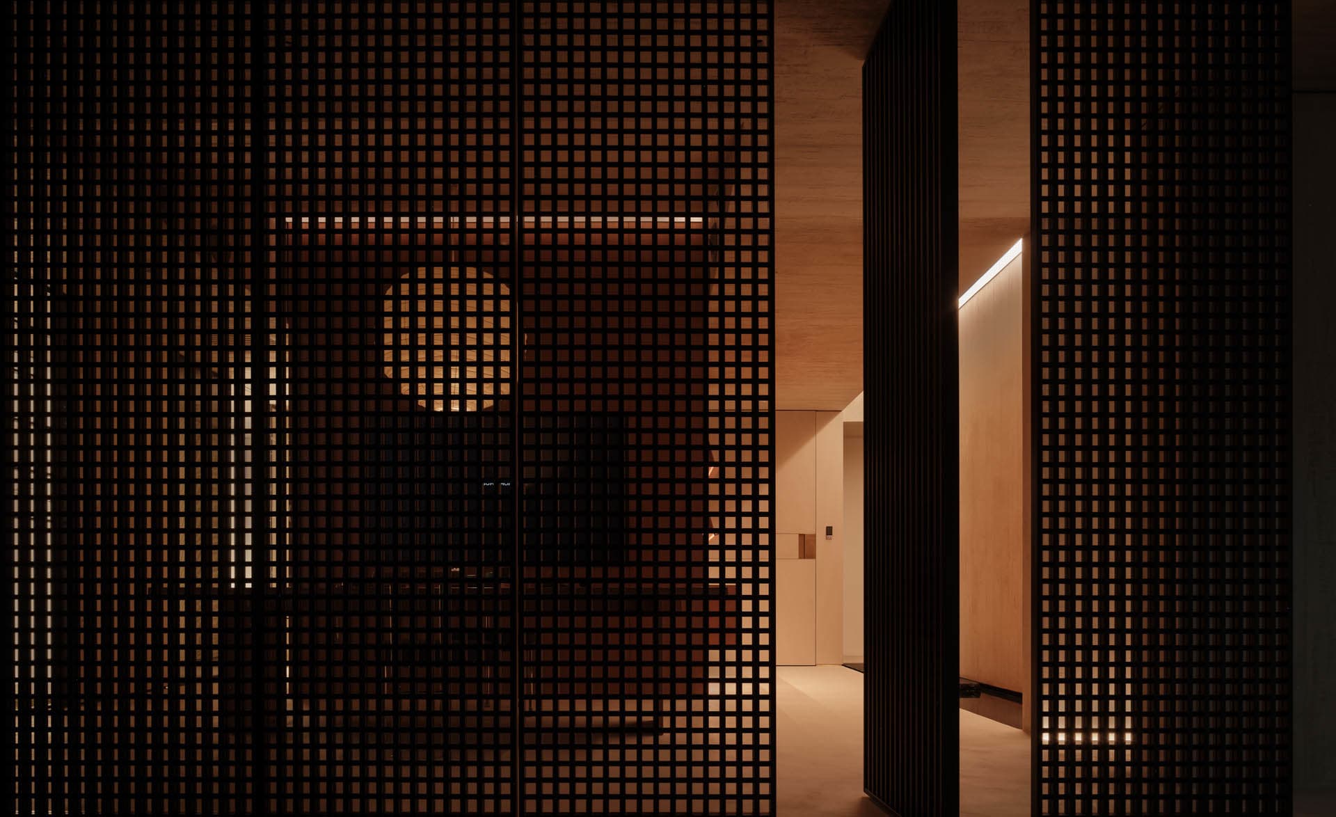 Modern wall panels with a grid pattern, featuring a minimalist design with natural wood materials.
