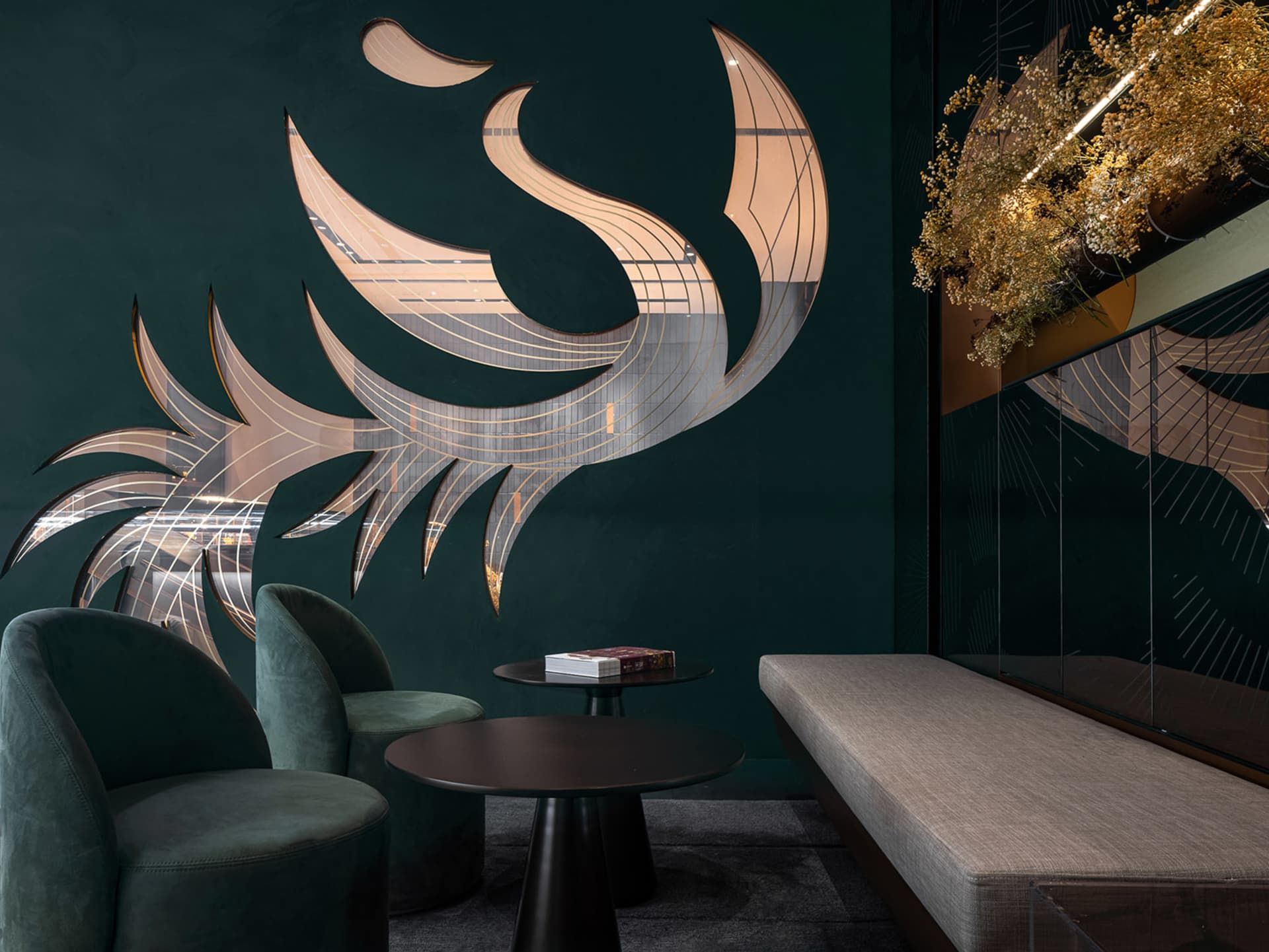 A modern waiting room featuring glass installations