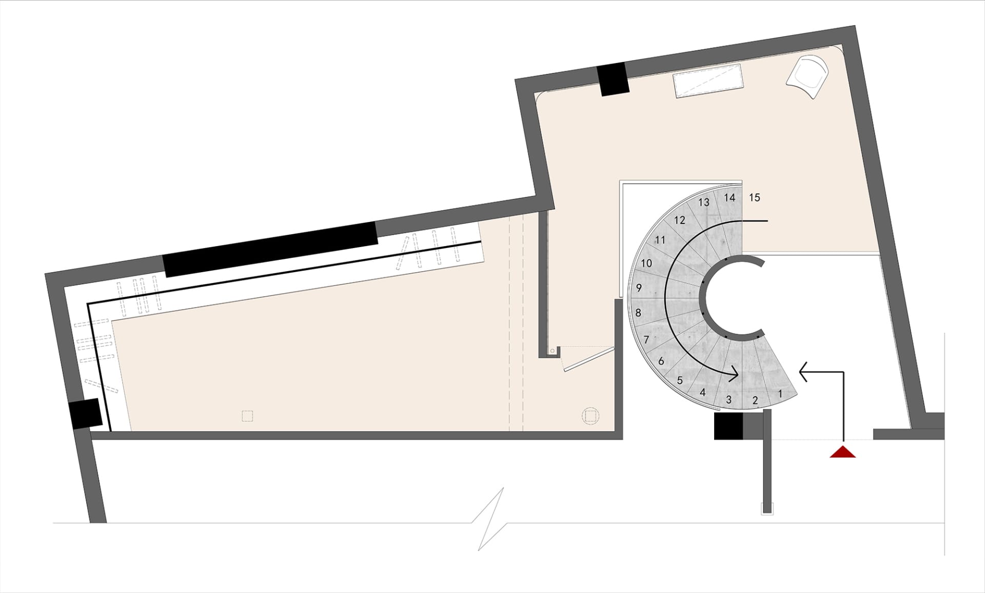 一張詳細的現代室內空間建築藍圖,聚焦混凝土元素與樓層配置。