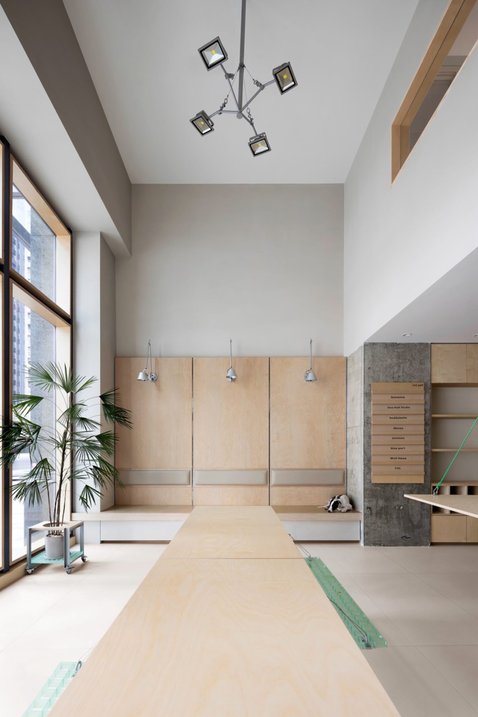 現代工作空間,展現木質牆板、混凝土牆面與玻璃窗。