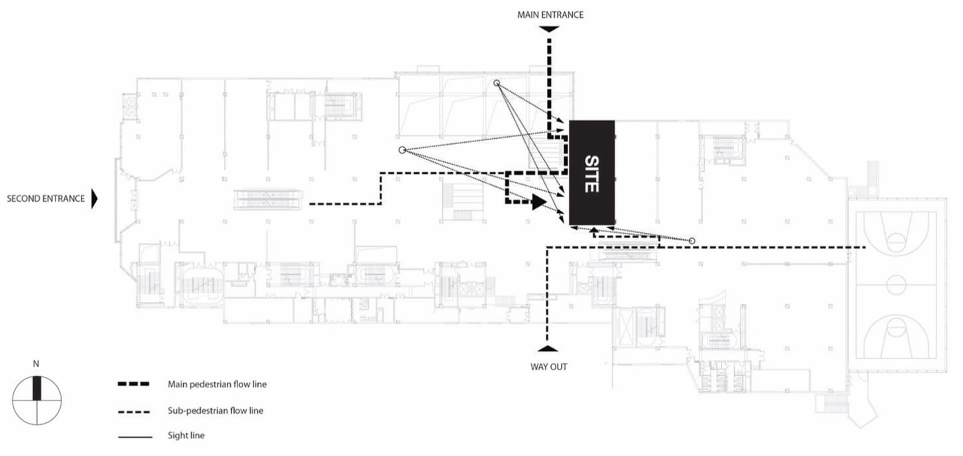 詳細的建築藍圖，顯示樓層配置與通道。