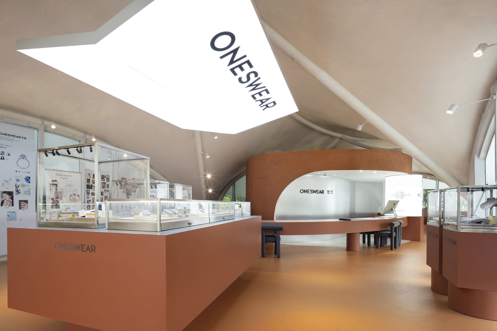 Modern retail store display featuring jewelry and accessories