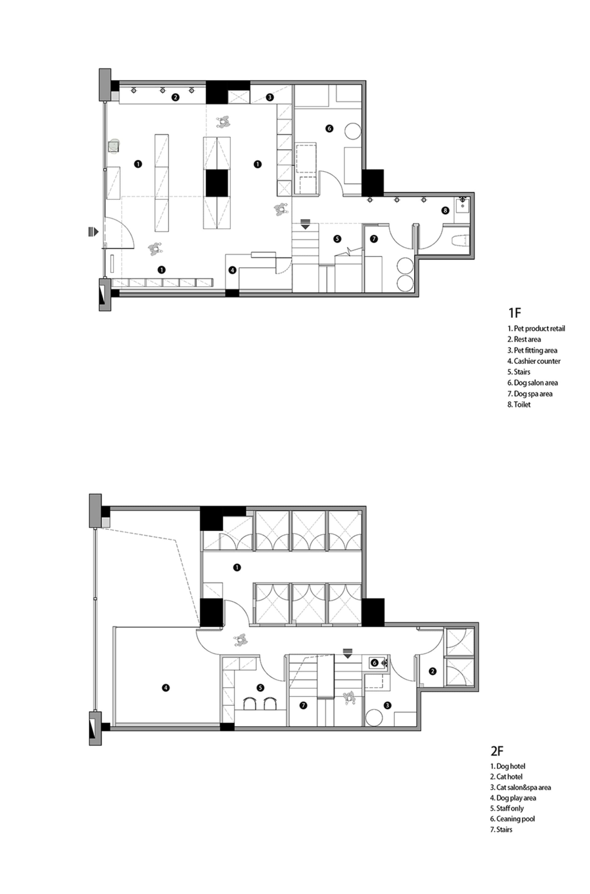 Floor plan of a commercial space with concrete, glass, metal, and wood materials.