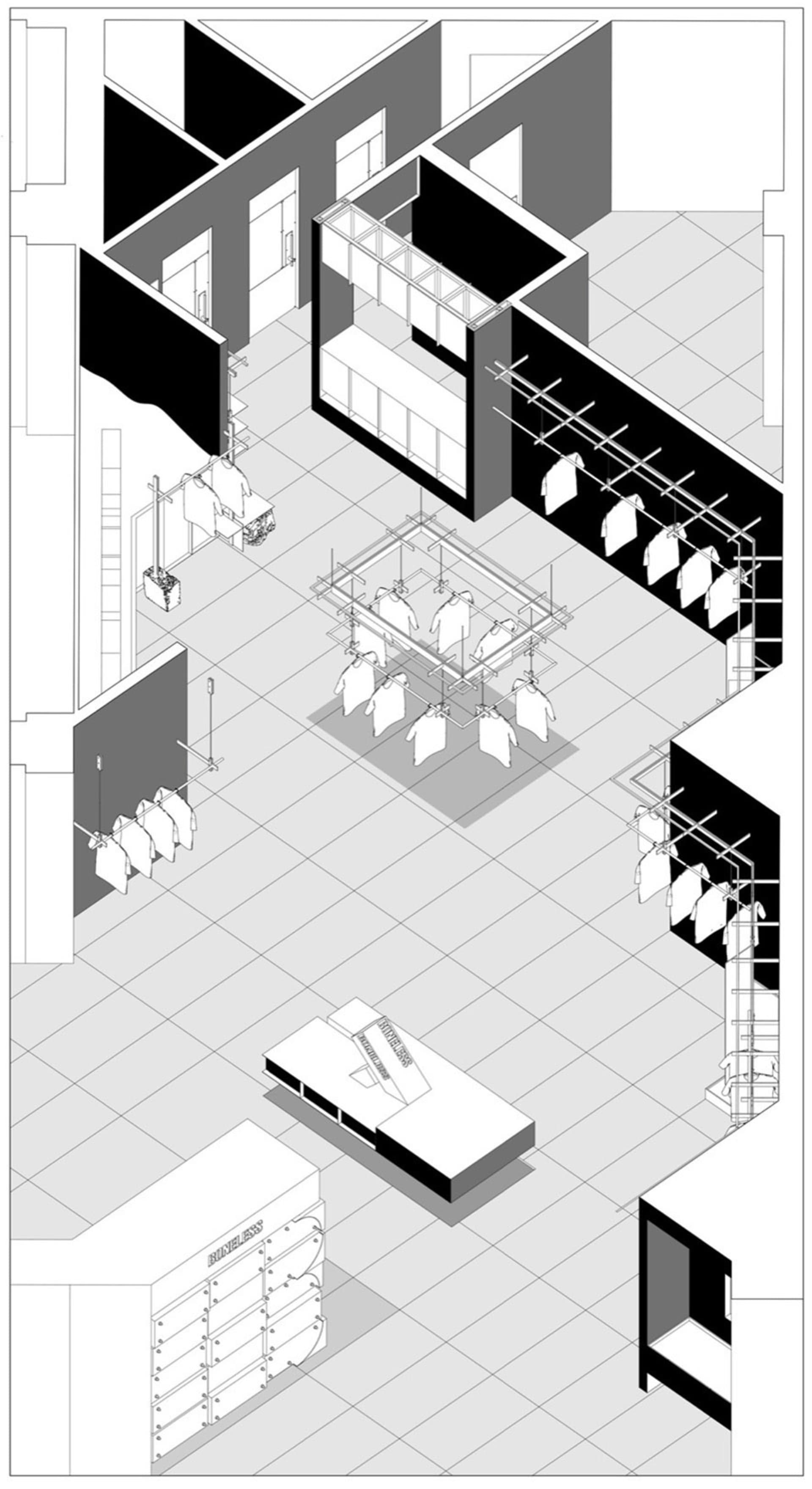 一間現代服裝店,展示衣物的白色衣架。