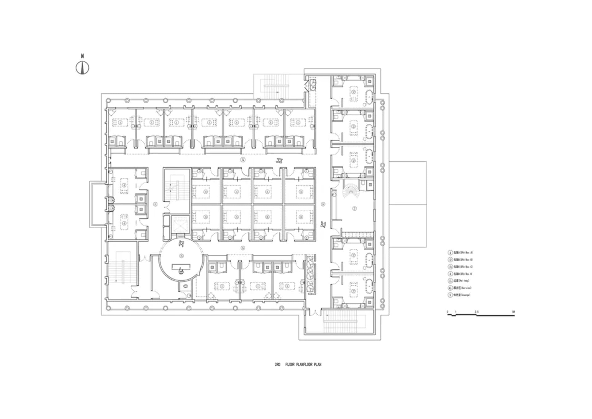 Spa 室內的建築平面圖,展示各個房間與區域。
