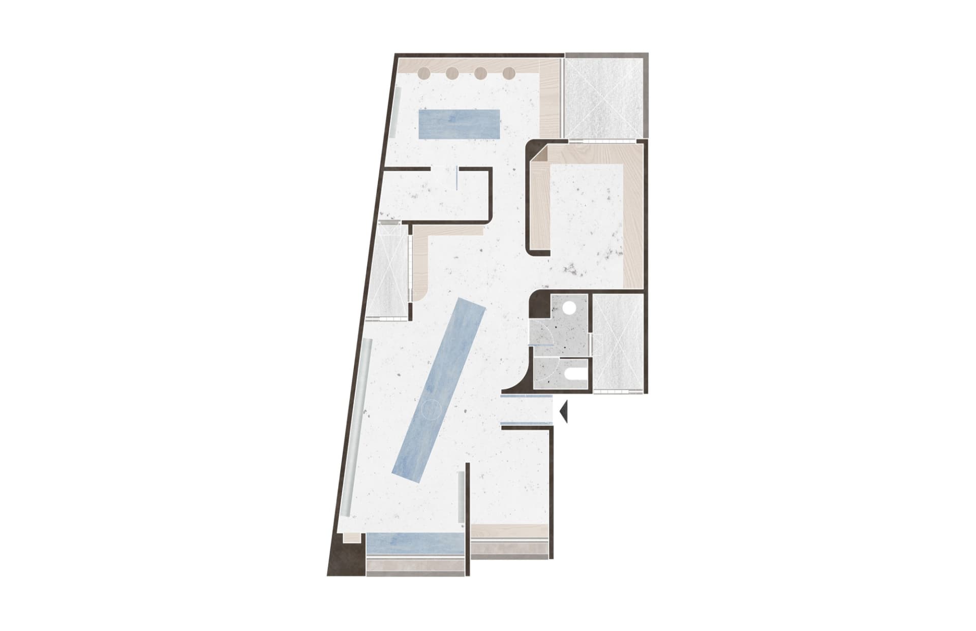 Modern architectural floor plan featuring a concrete floor and minimalist design elements.