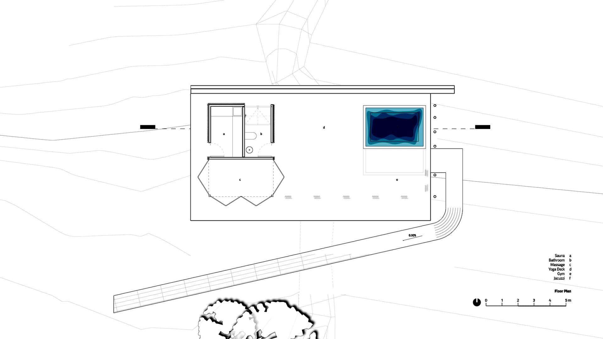 A modern floating house floor plan featuring glass walls and concrete elements.