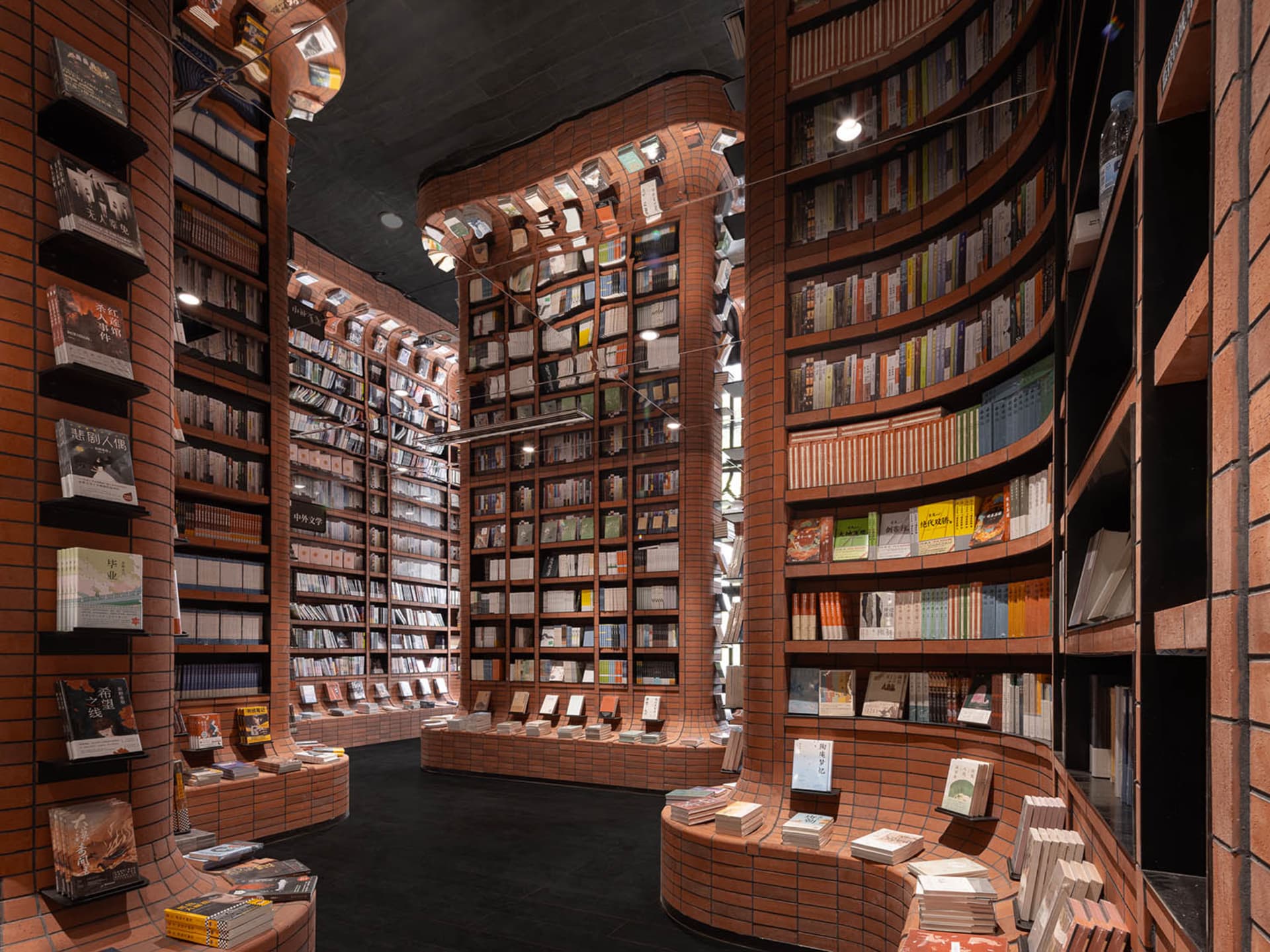 現代圖書館室內,弧形磚牆展示大量藏書。