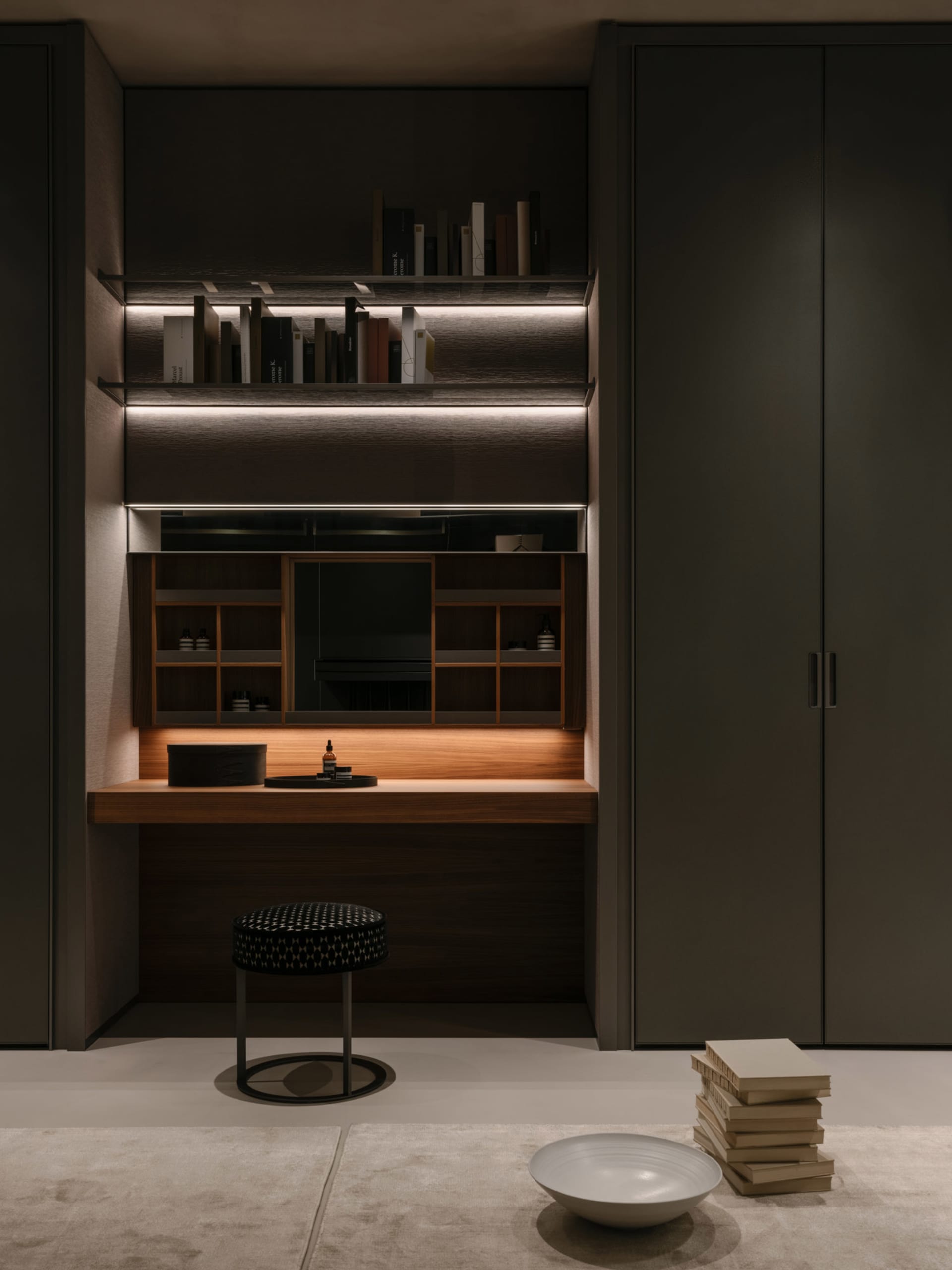 A modern home office with a wooden desk, glass shelves, and leather seating.