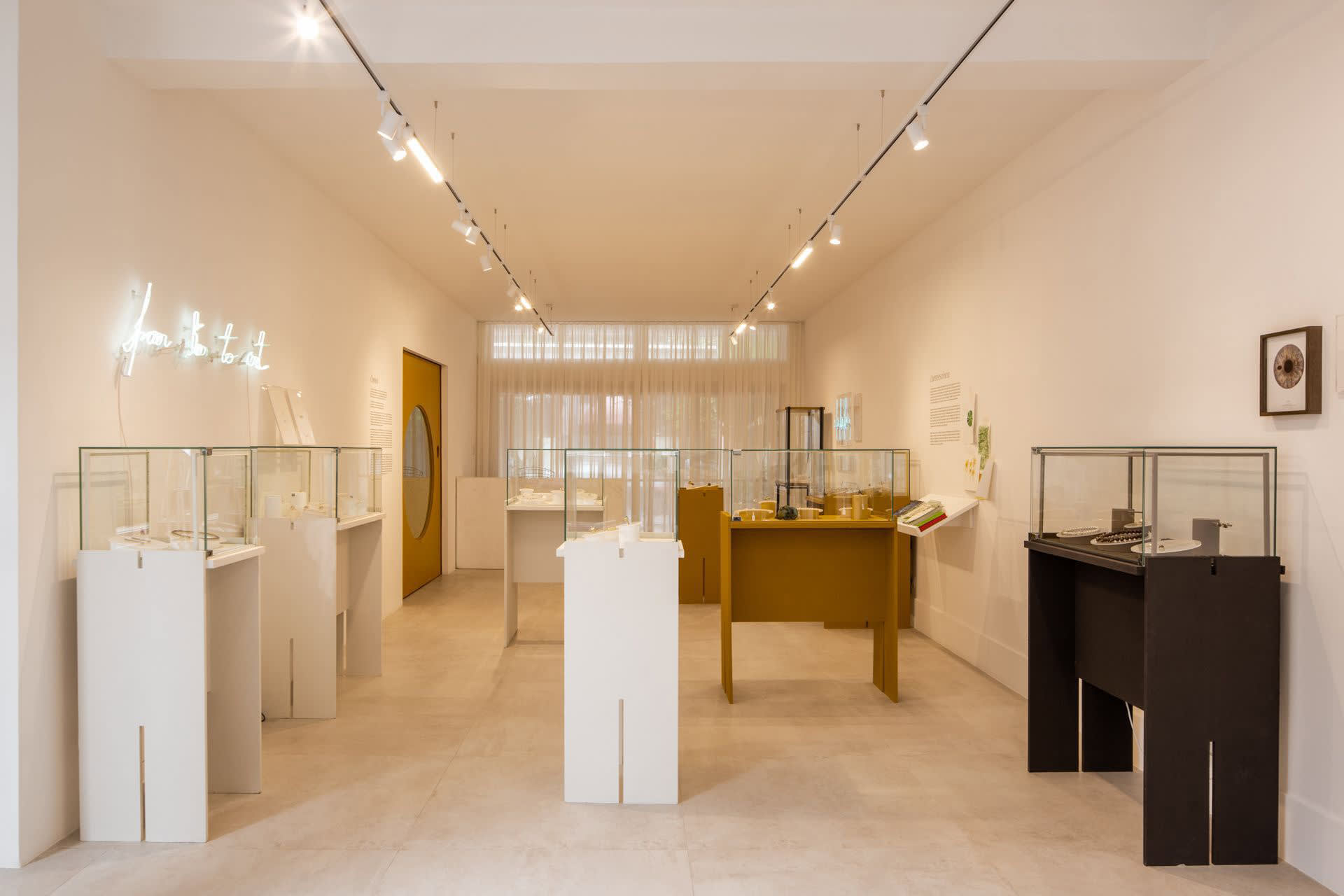 A contemporary exhibition space featuring modern glass display cases.