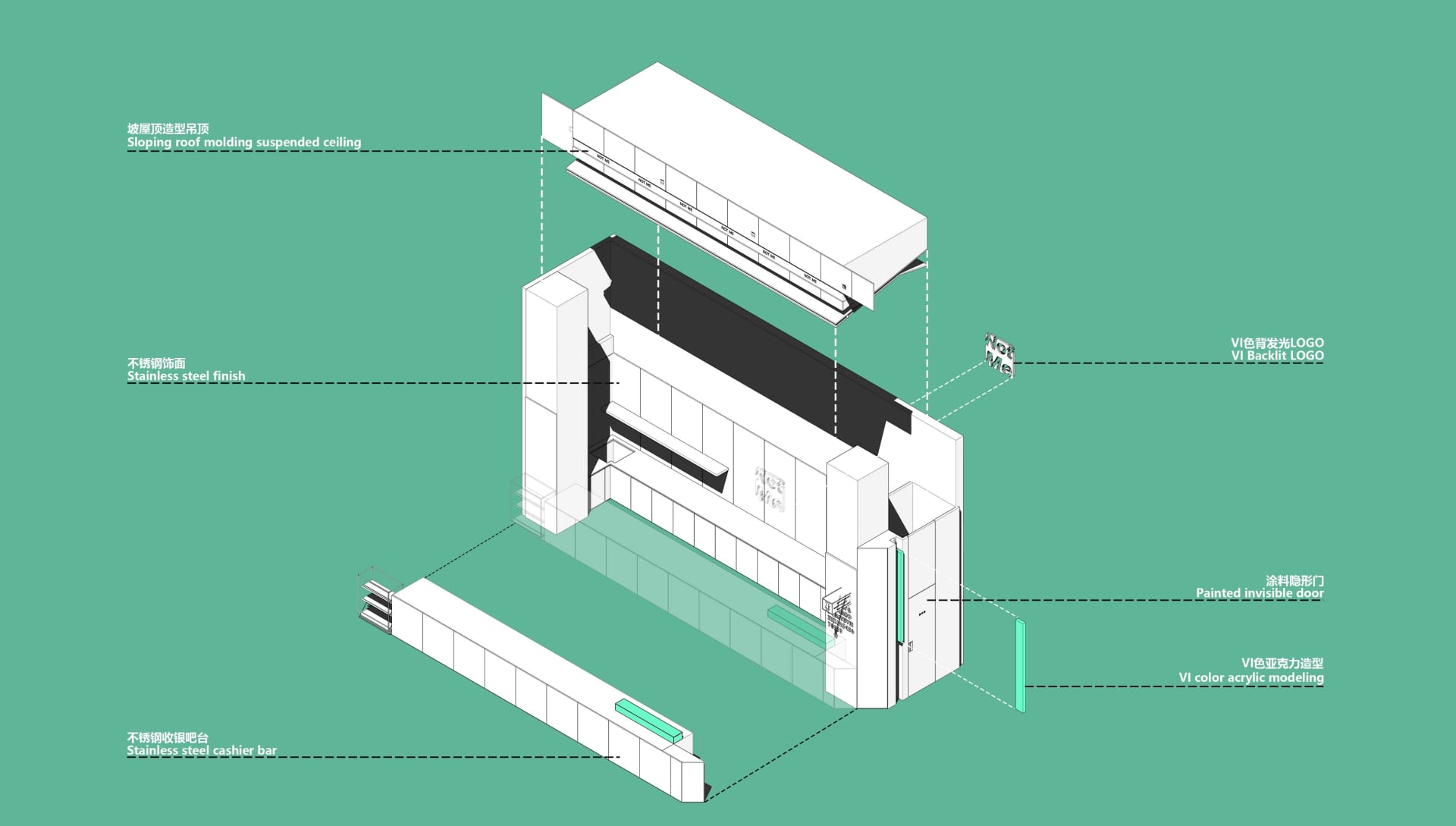 An architectural illustration showcasing a modern interior design with stainless steel features.