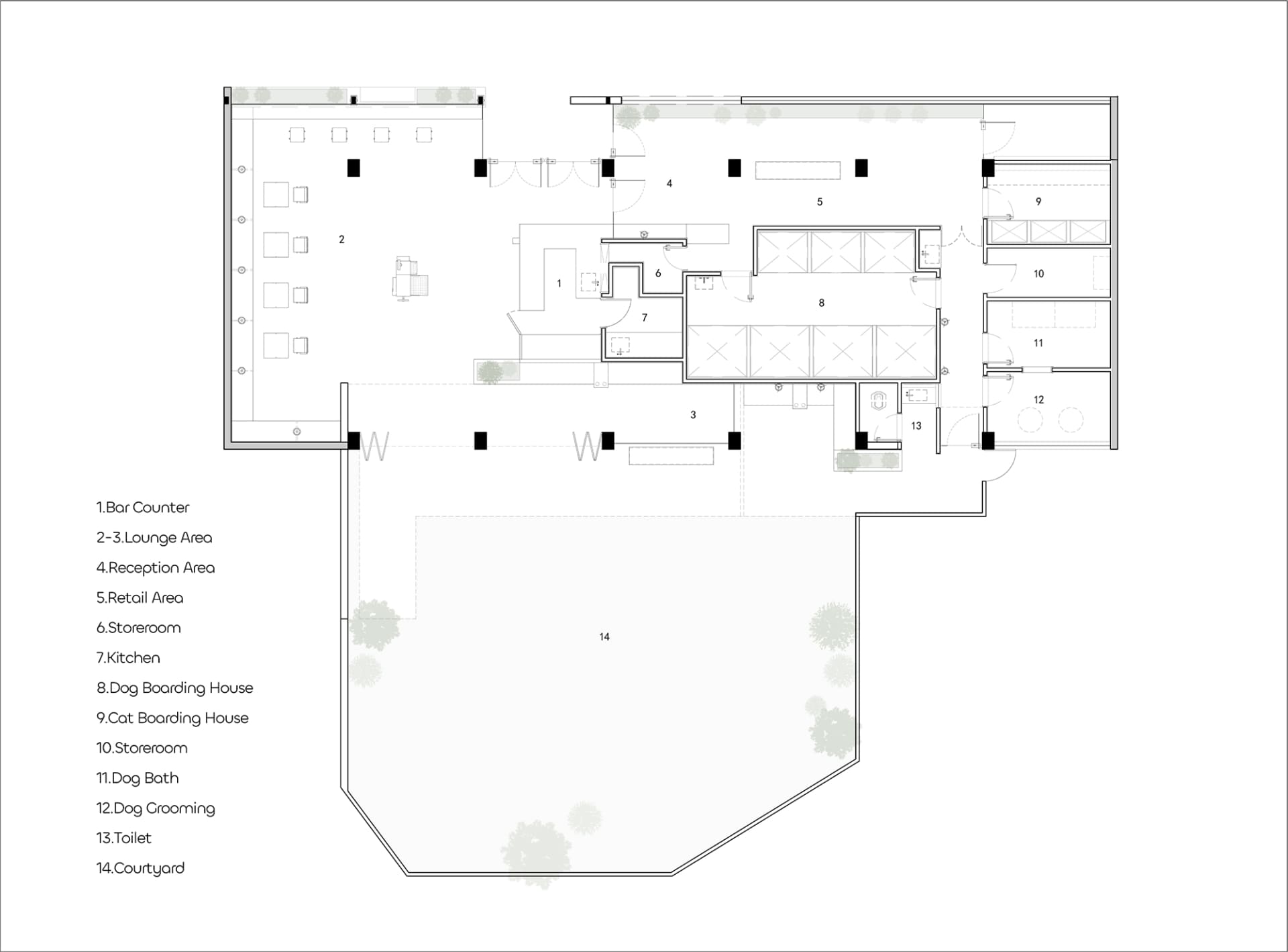 Floor plan of a commercial space showing various functional zones and facilities.