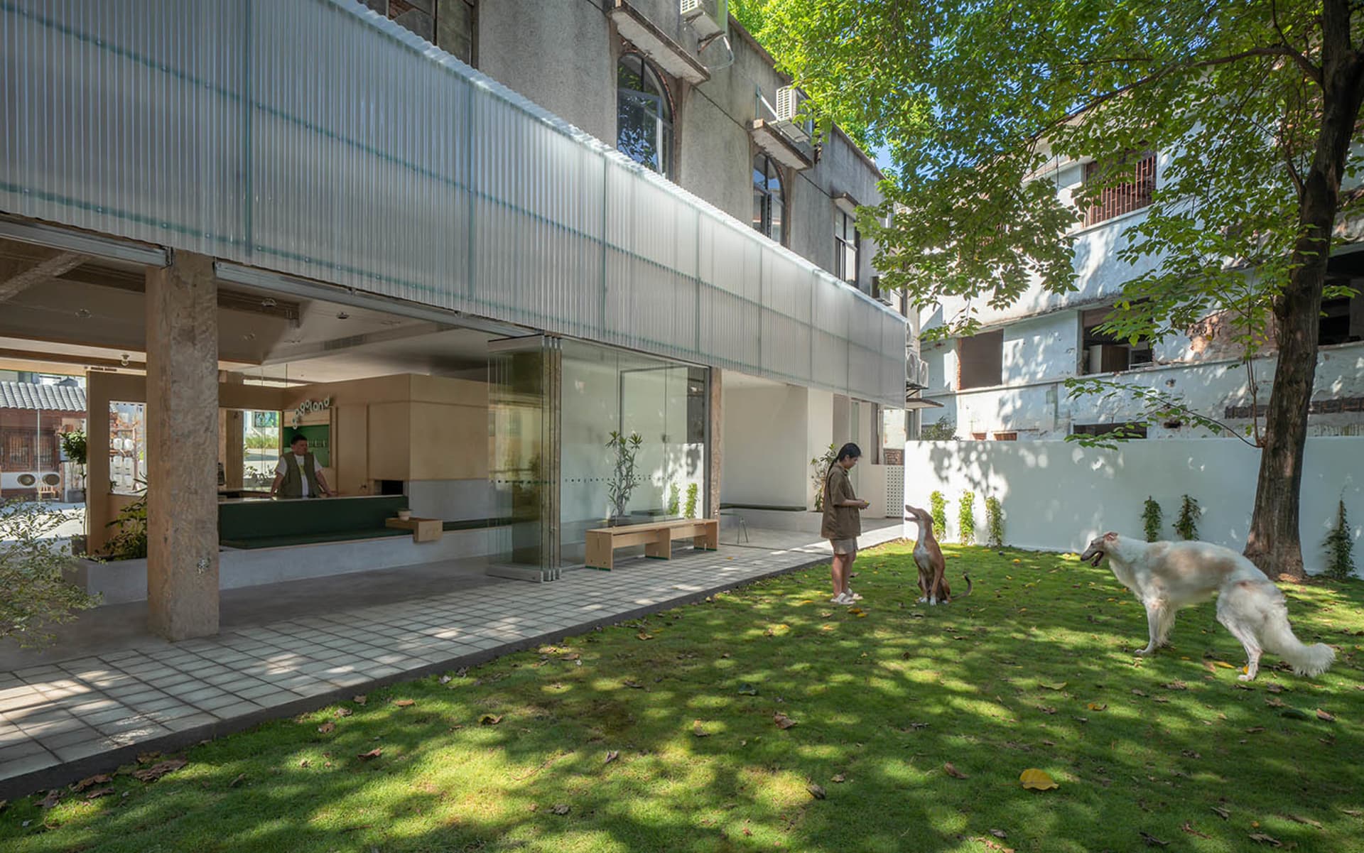 Modern parking lot with concrete pavement and design elements