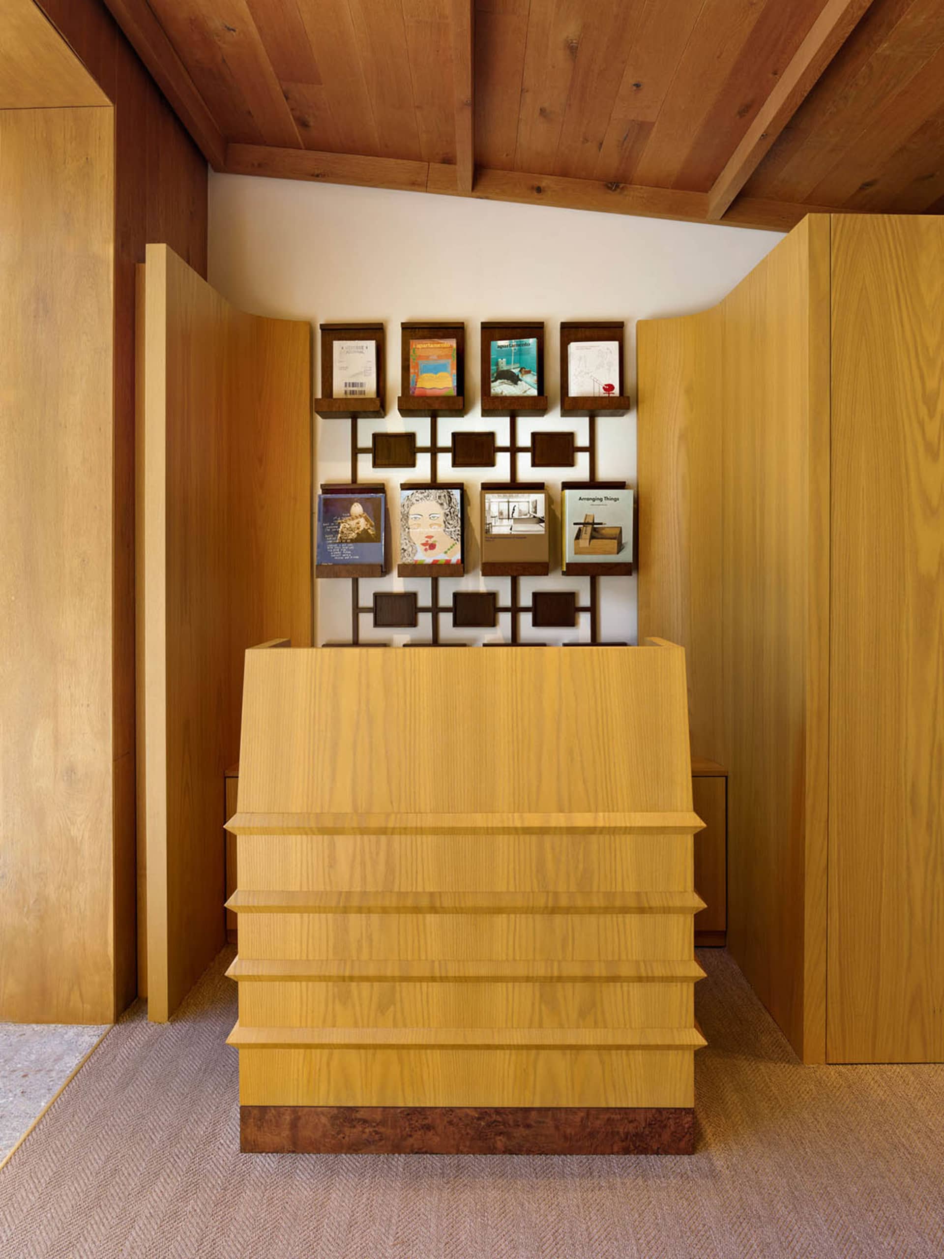 A modern storefront with a wooden interior design.