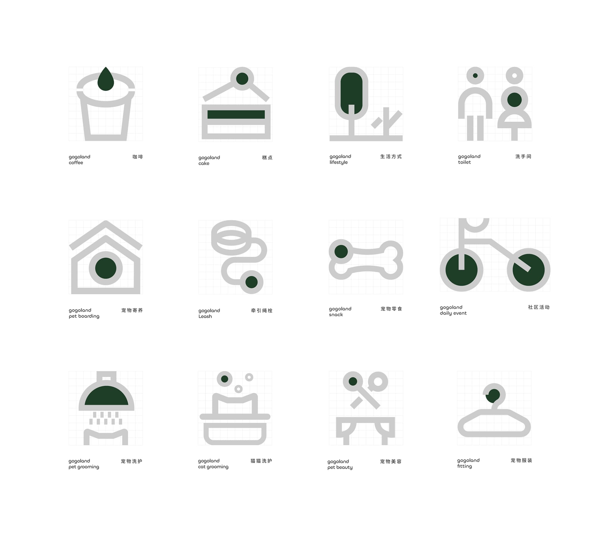Minimalist design icons depicting various activities and objects related to a pet-friendly space, including coffee, cakes, li