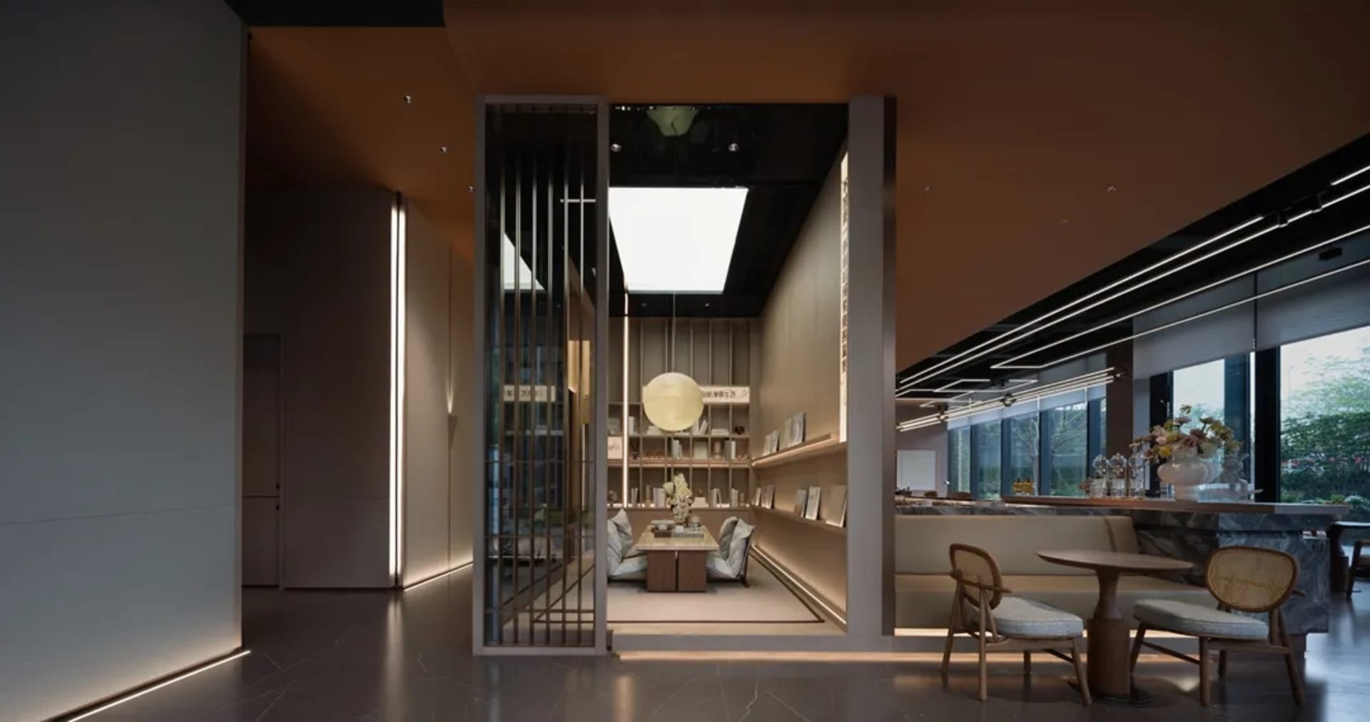Modern minimalist library with bookshelves and seating area.