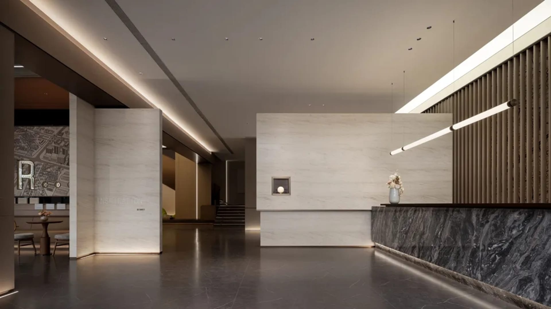 現代辦公室大廳採用大理石與混凝土材質,設有接待桌及吊燈燈具。