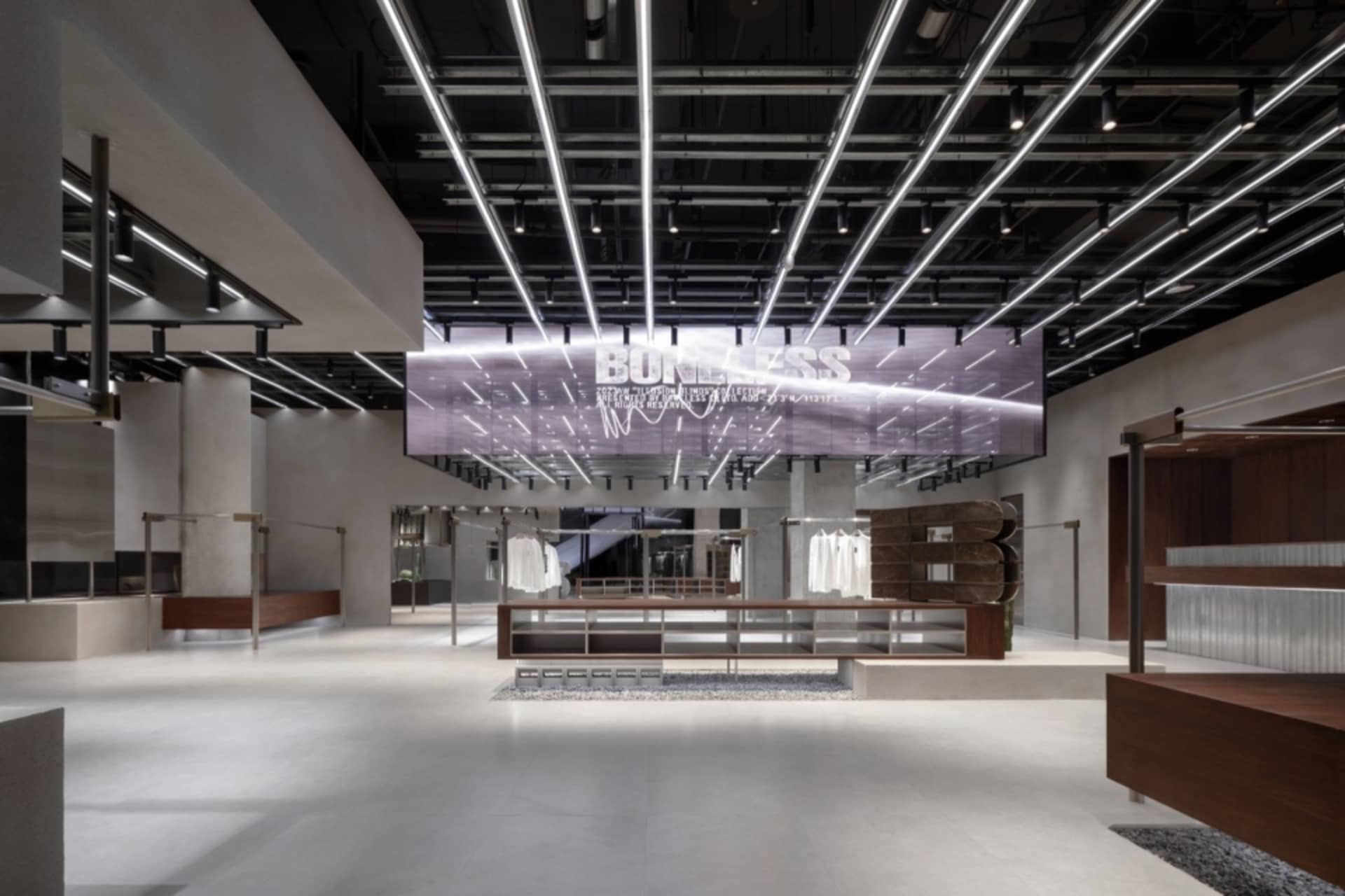 Modern retail store with metal, concrete, and wooden elements