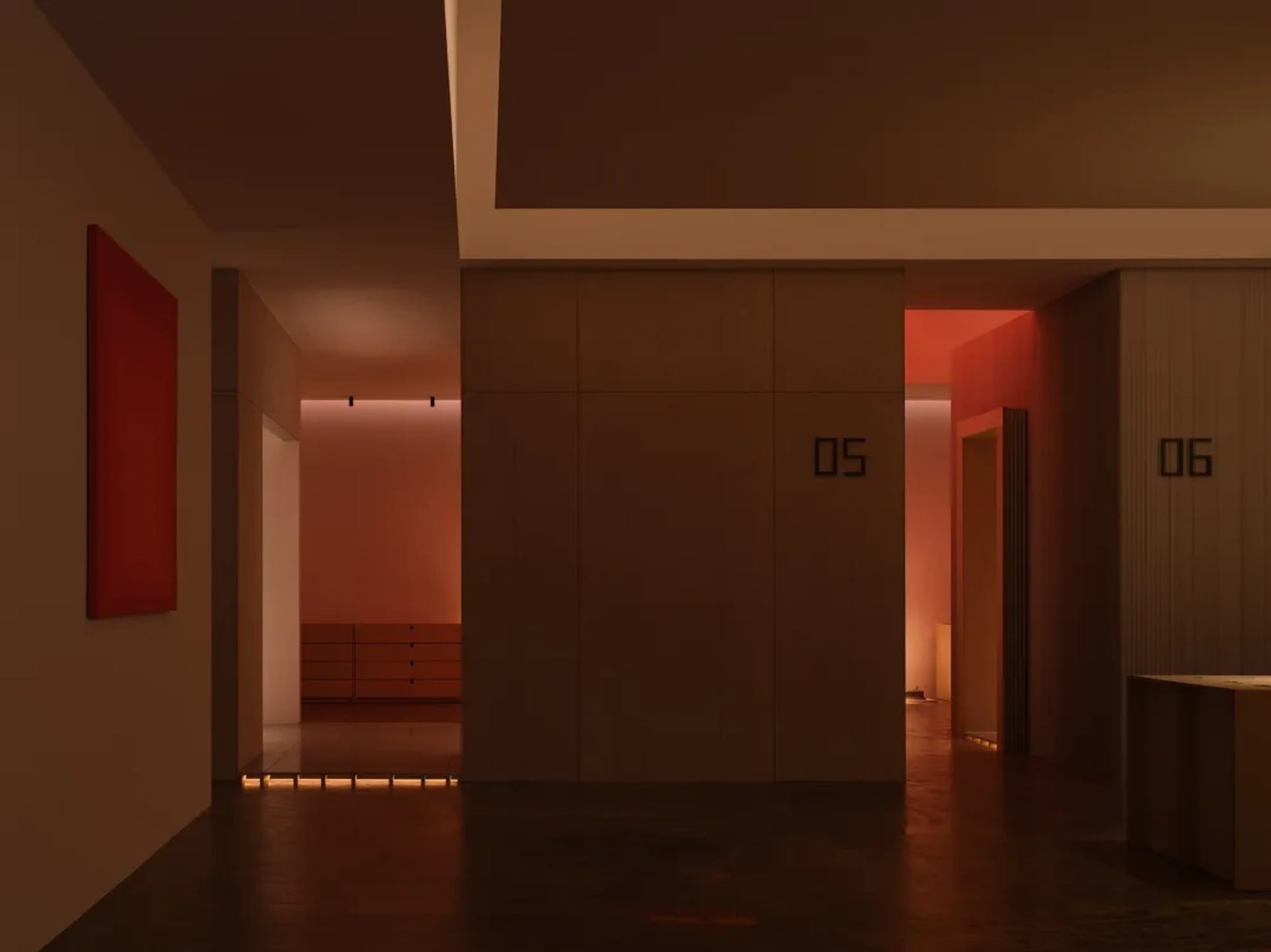 A modern interior with a red painting and light reflections on the floor.