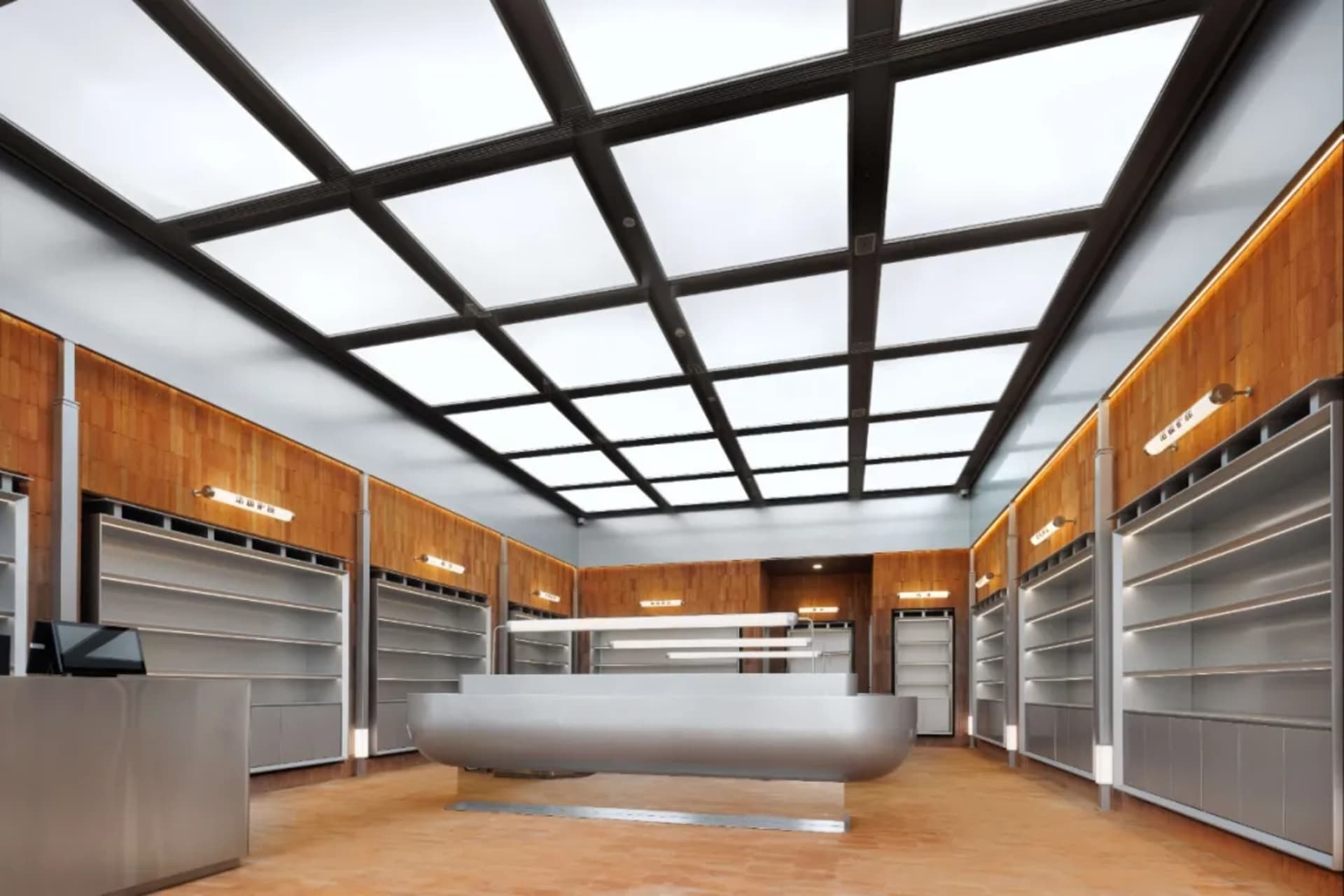 Modern retail space with empty shelves. The shelves are made of metal and wood.