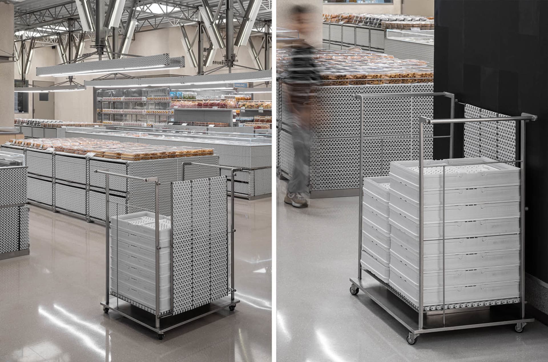 Retail store display cart featuring metallic perforated panels