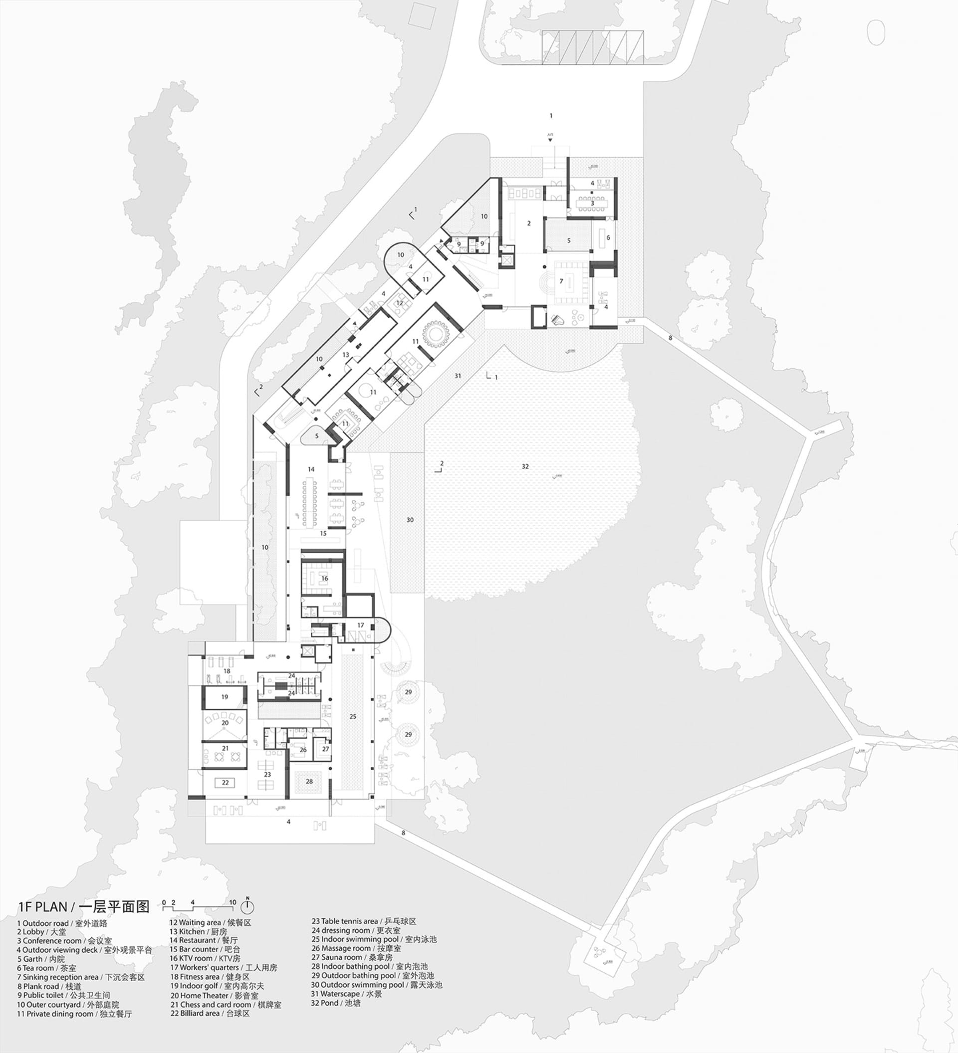 一張細緻的建築平面圖，展示室內空間與戶外特徵的配置。