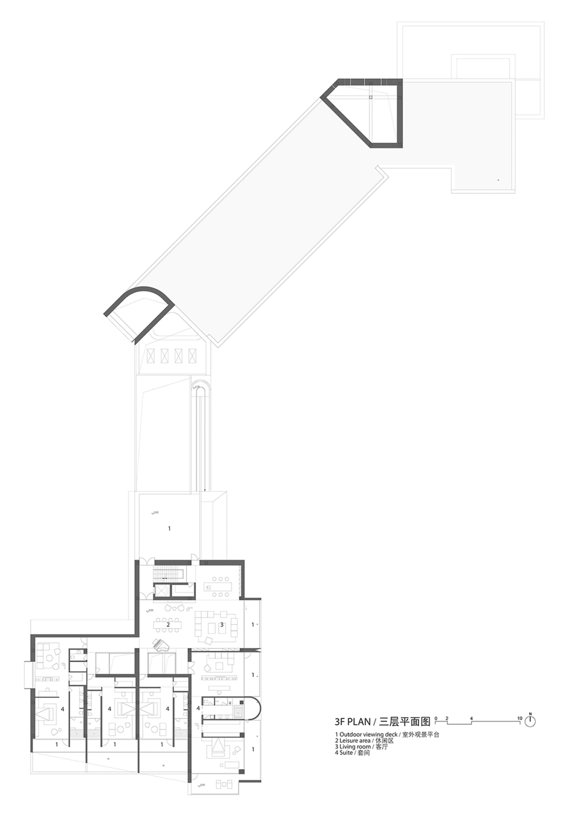 建築三樓的詳細3D建築平面圖，展示房間、走廊與戶外區域。