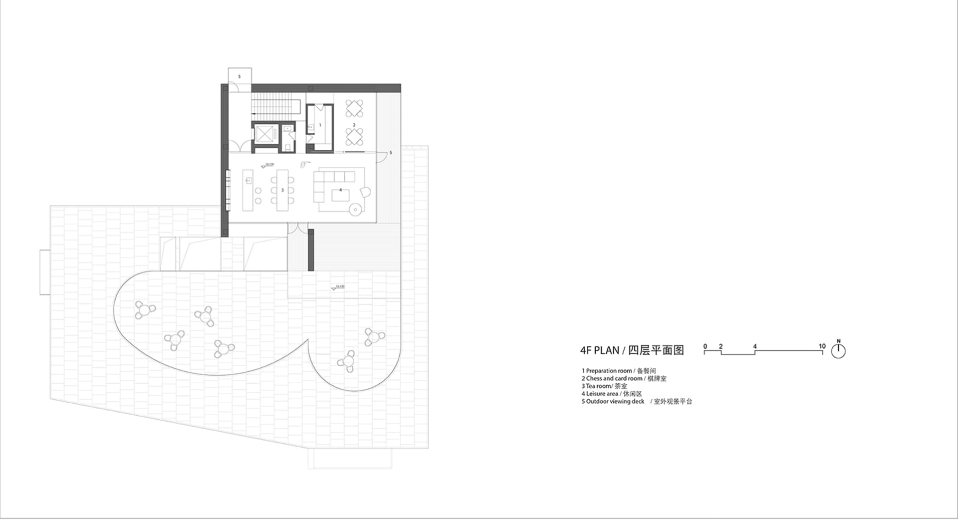 現代辦公室空間平面圖，採用鋼材、玻璃、混凝土、木材與石材等材質。