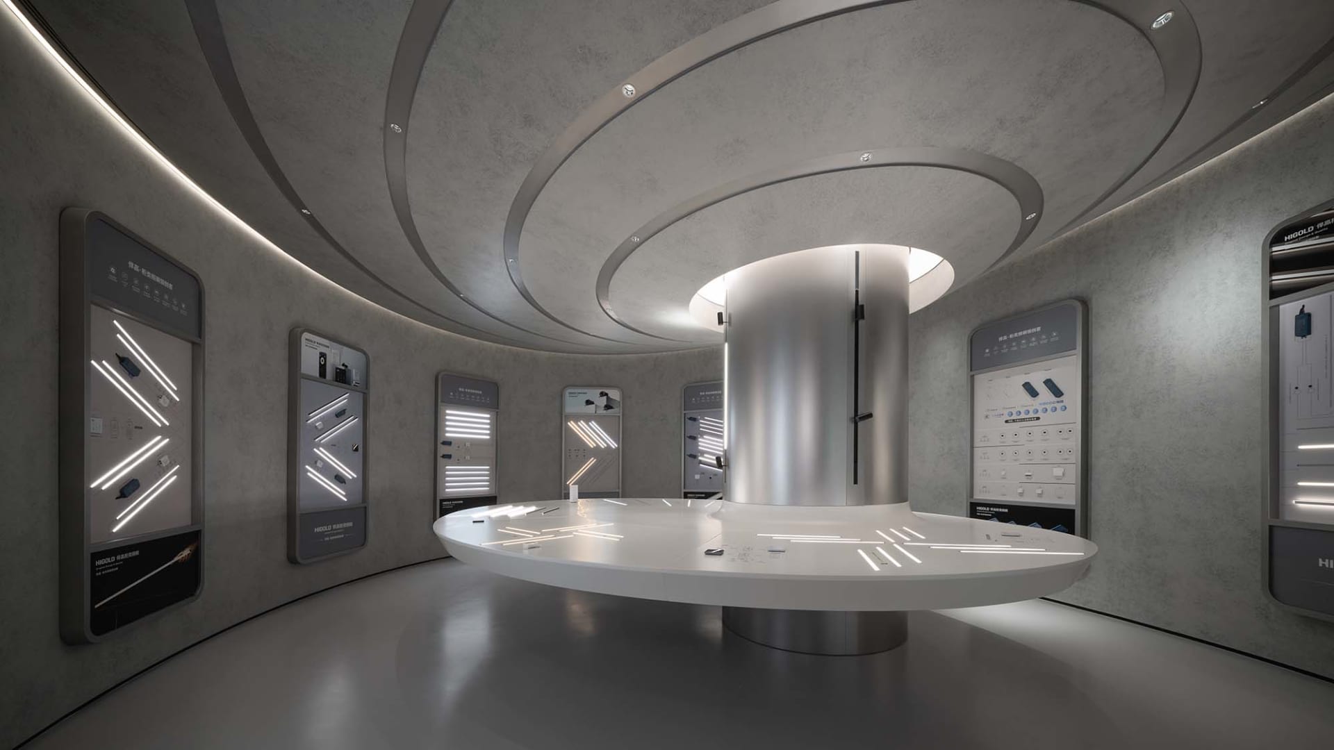 A modern, minimalist showroom featuring metallic, glass, and concrete materials, showcasing advanced technology products.