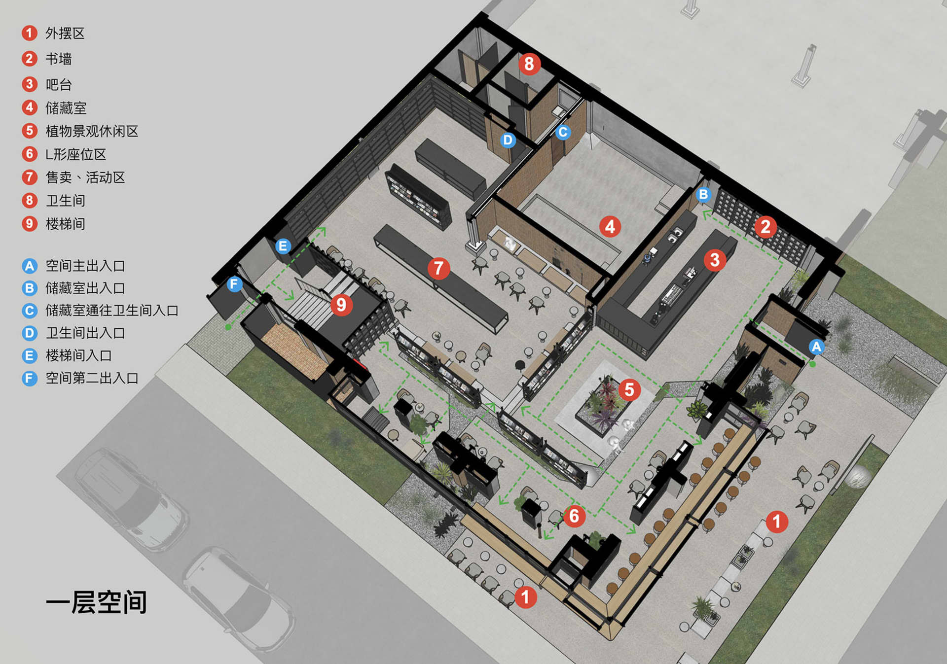 A floor plan of a modern coffee shop with various functional zones and a clear layout.