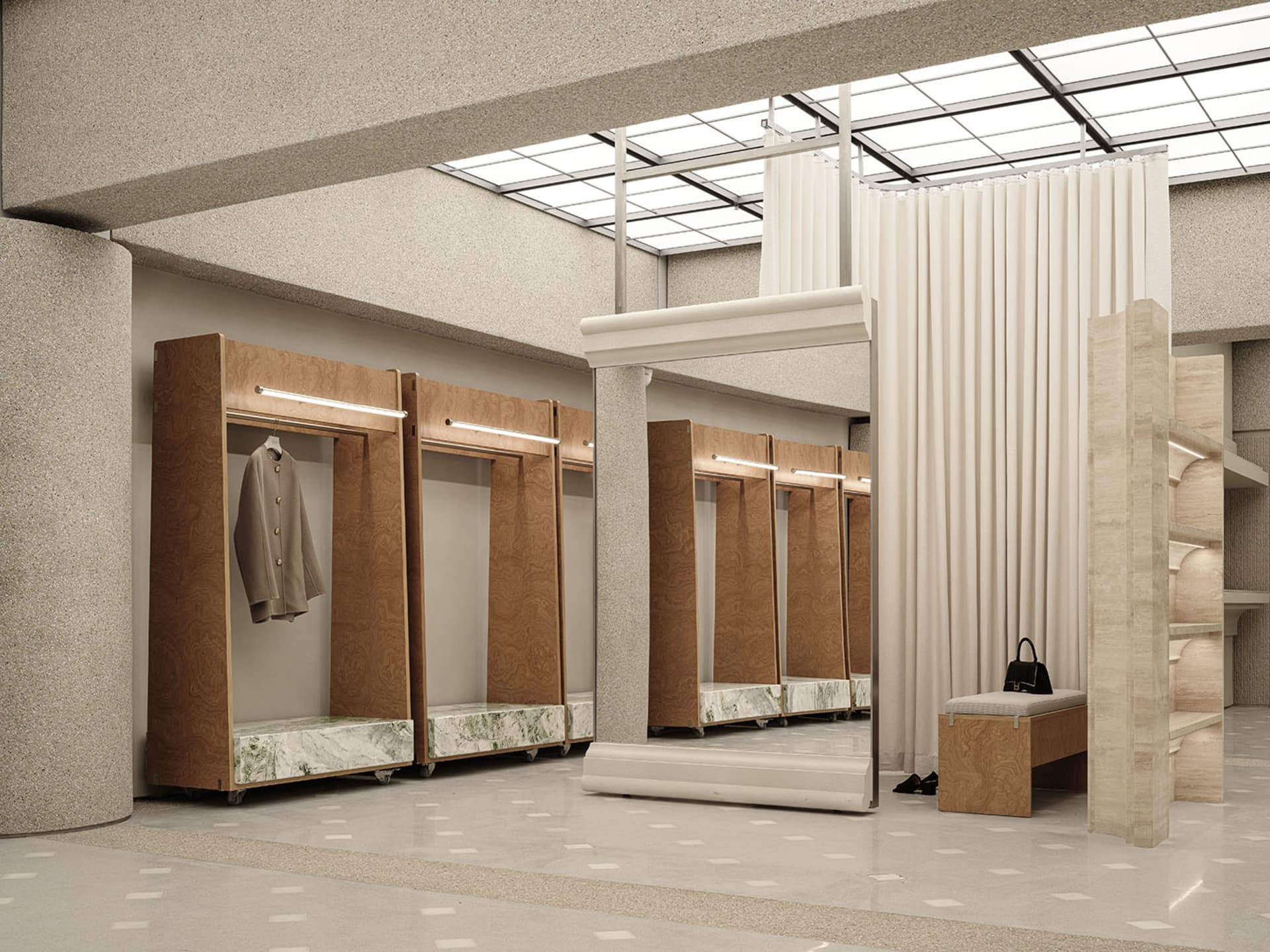 A minimalist clothing fit station featuring marble countertops and wooden fixtures.
