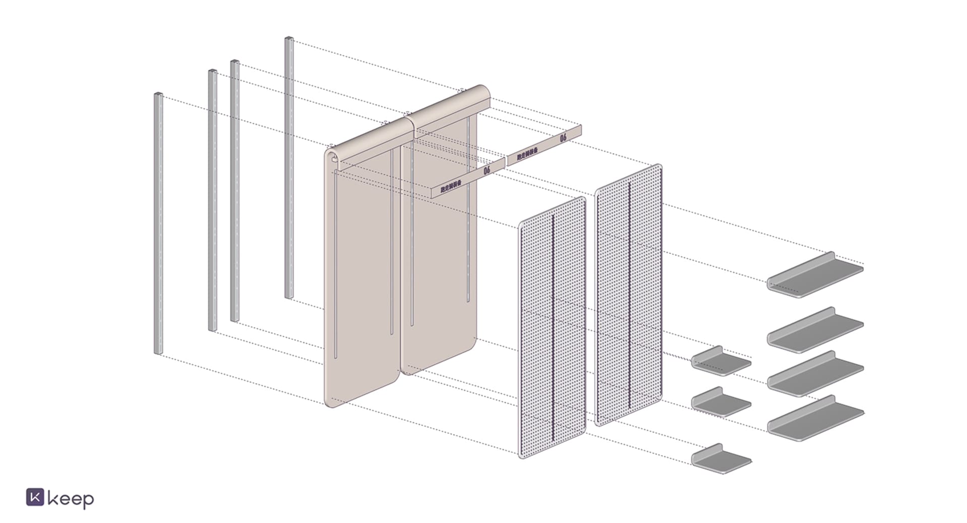 A modern interior design featuring metallic framed shelves and panels.