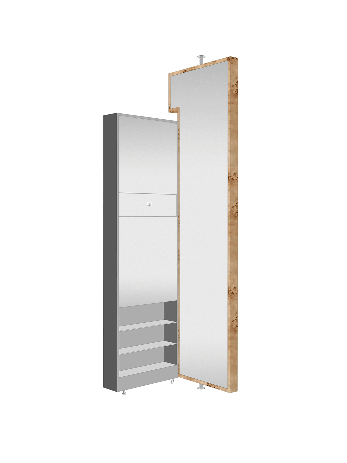 Modern wardrobe system with wooden frame and mirrored doors