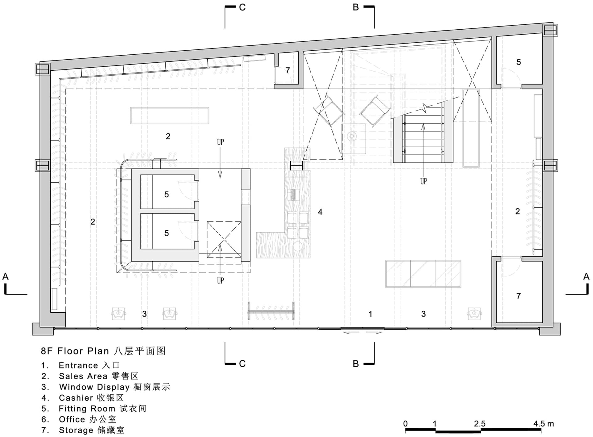A detailed floor plan of an office space with various designated zones such as sales area, cashier, fitting room, office, and