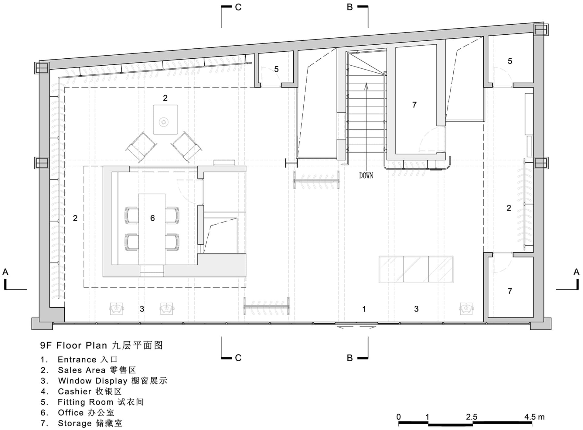 現代倉庫結構的平面圖，由鋼樑與開放空間組成。