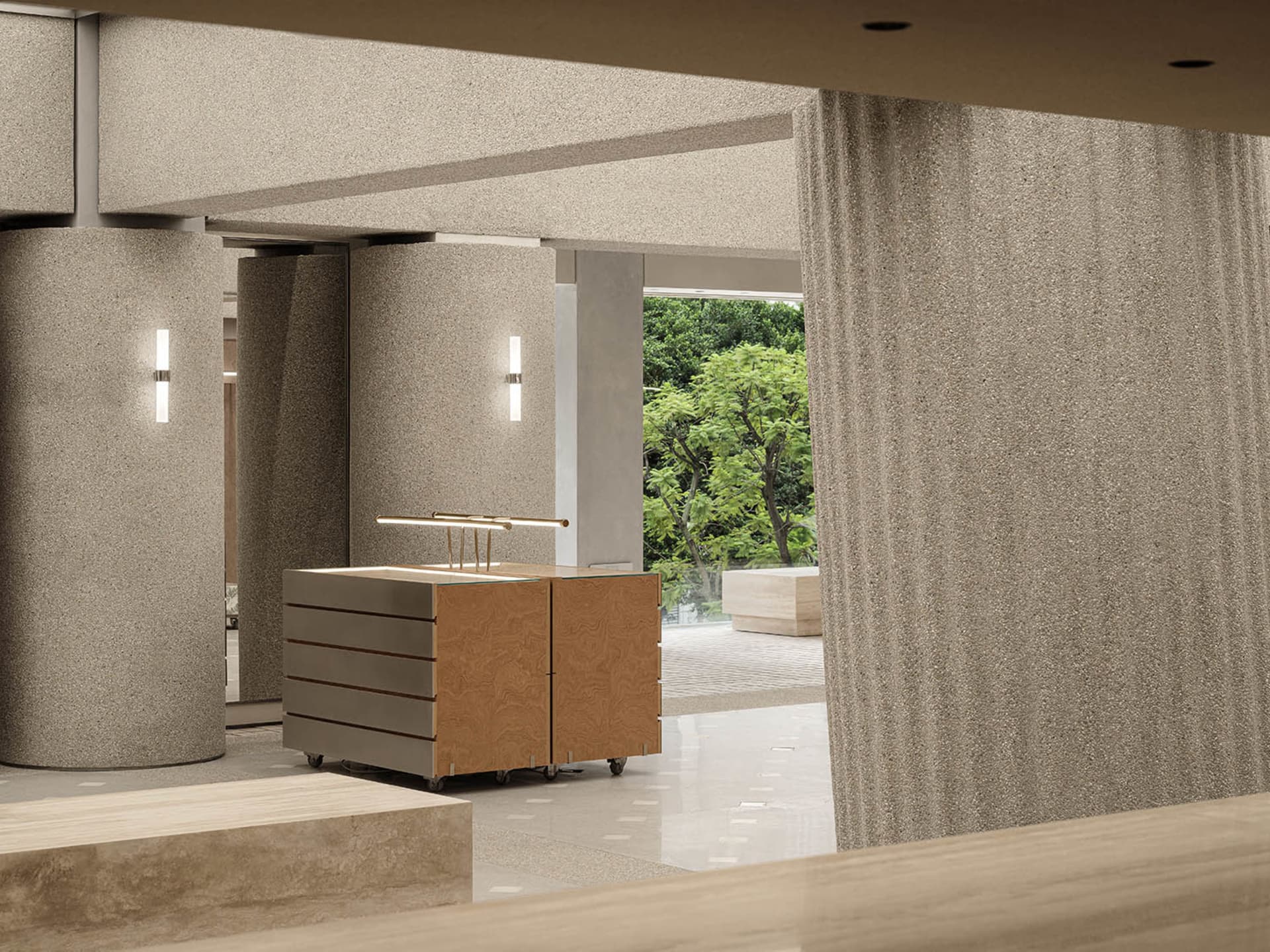 An interior commercial space featuring modern design elements and concrete materials.