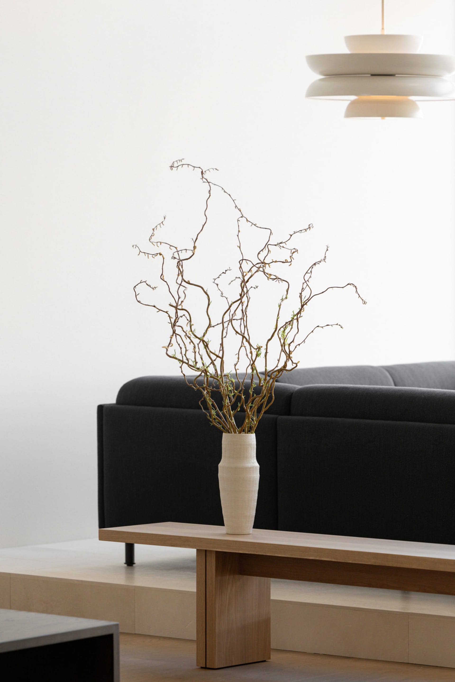 Modern living room featuring a low-profile sofa, wooden coffee table, concrete floor, and minimalist lighting fixtures.