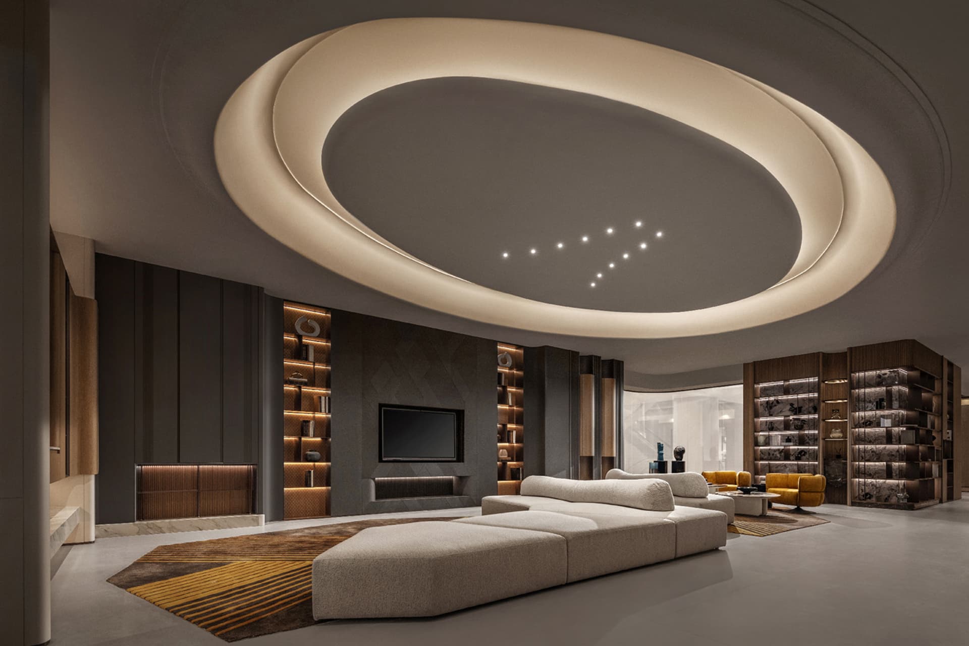 Modern industrial living room with metallic accents, featuring a futuristic ceiling and contemporary furniture.